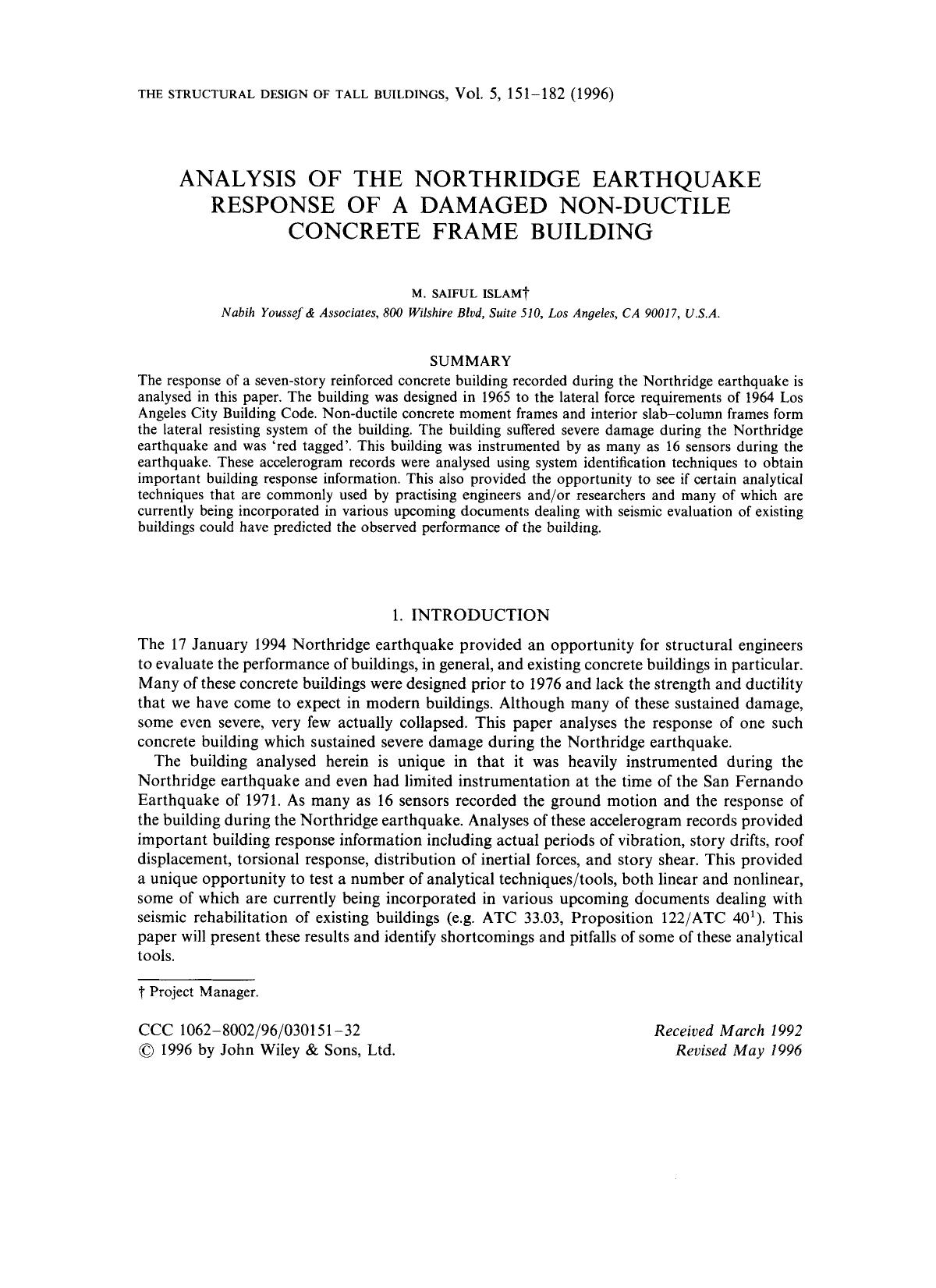 Analysis of the Northridge earthquake response of a damaged non-ductile concrete frame building by Unknown