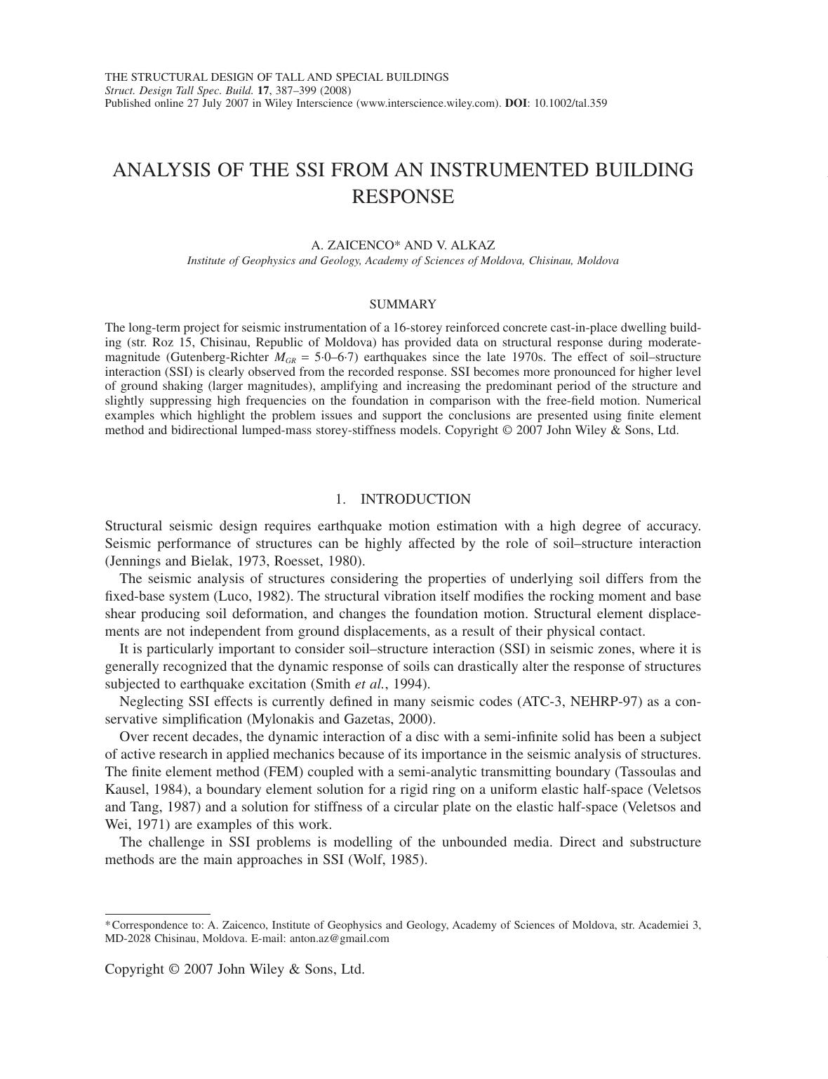 Analysis of the SSI from an instrumented building response by M34