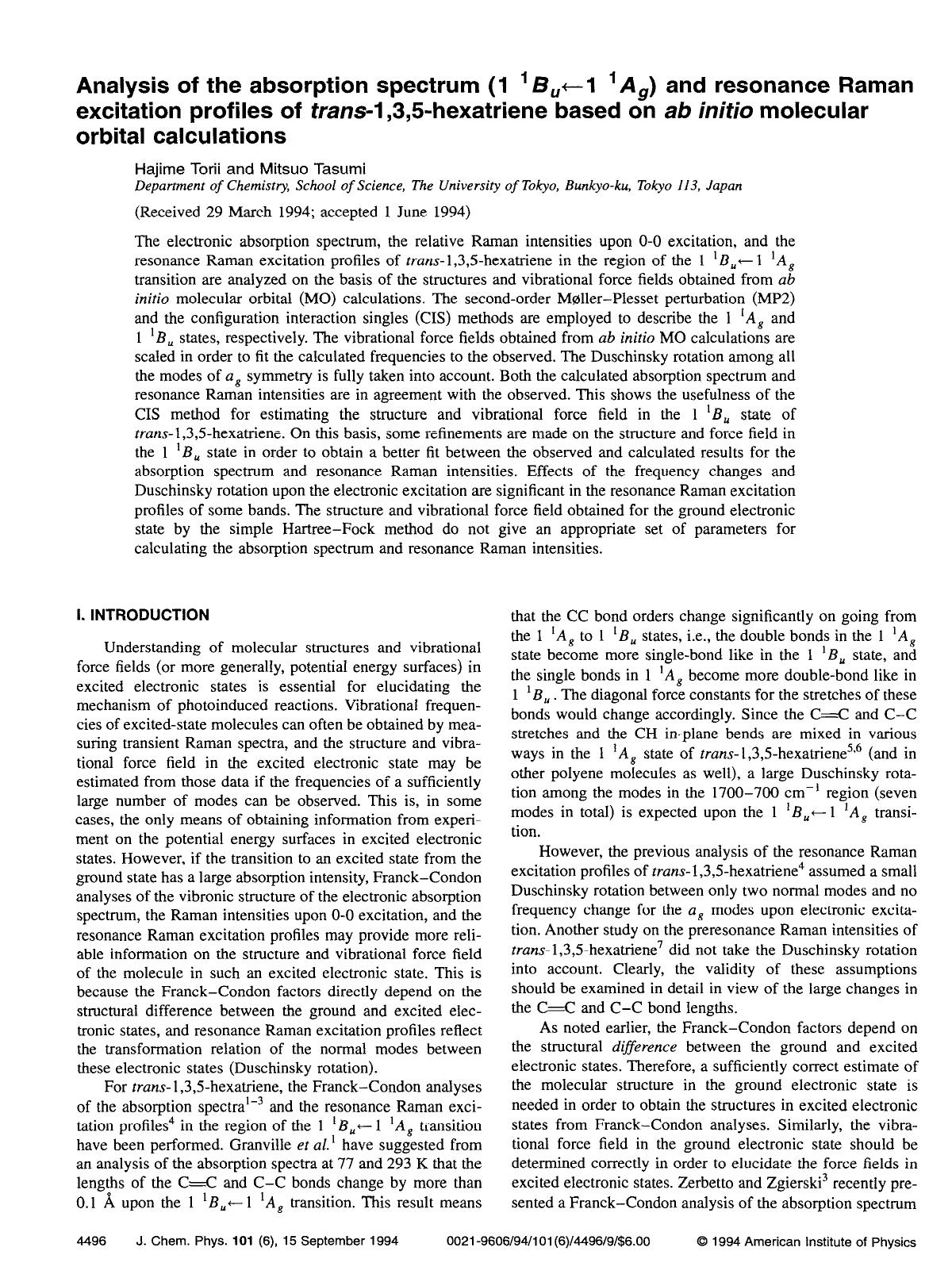 Analysis of the absorption spectrum (1 1Bu 1 1Ag) and resonance Raman excitation profiles of trans-1,3,5-hexatriene based on ab initio molecular orbital calculations by Hajime Torii; Mitsuo Tasumi