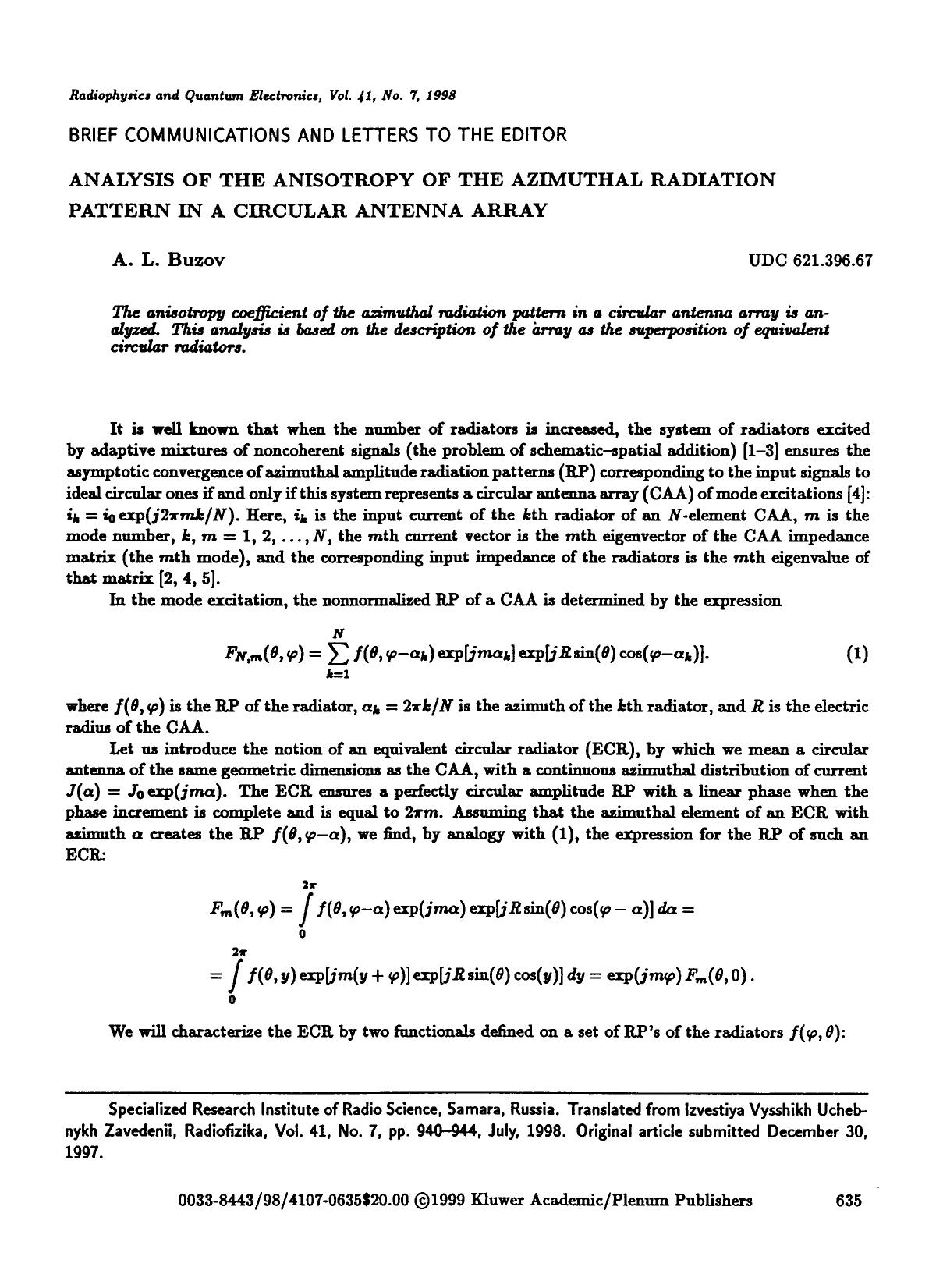 Analysis of the anisotropy of the azimuthal radiation pattern in a circular antenna array by Unknown