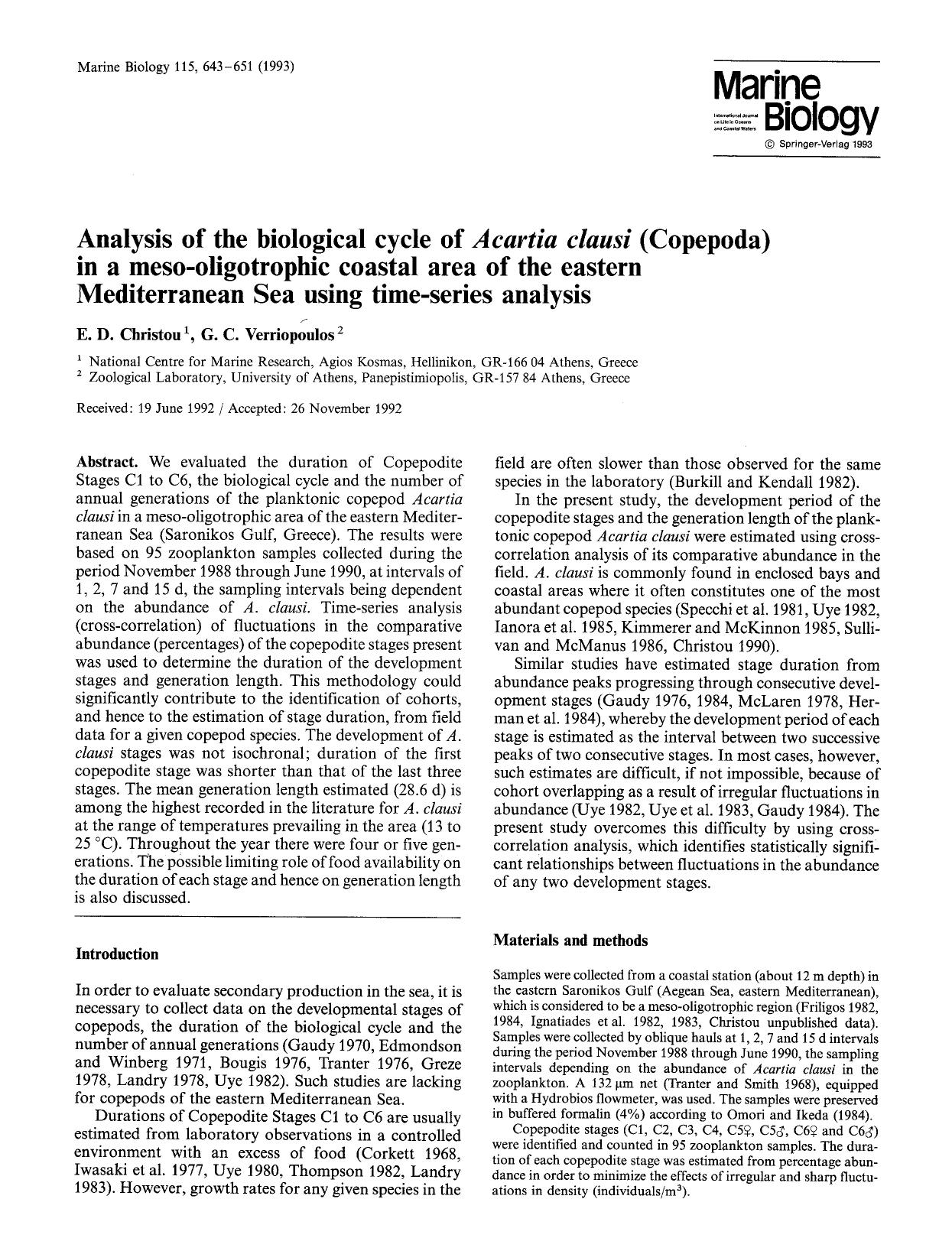 Analysis of the biological cycle of <Emphasis Type="Italic">Acartia clausi<Emphasis> (Copepoda) in a meso-oligotrophic coastal area of the eastern Mediterranean Sea using time-series analysis by Unknown