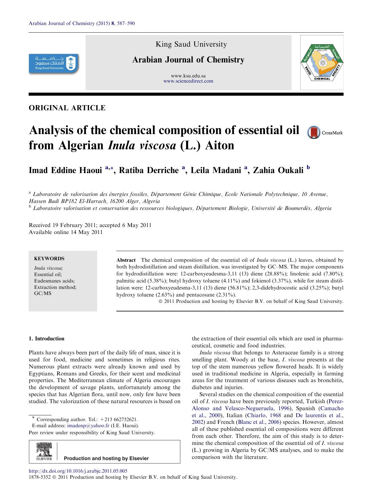 Analysis of the chemical composition of essential oil from Algerian Inula viscosa (L.) Aiton by Imad Eddine Haoui & Ratiba Derriche & Leila Madani & Zahia Oukali