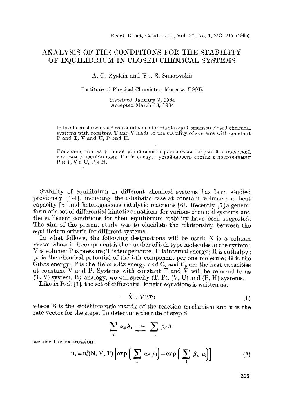 Analysis of the conditions for the stability of equilibrium in closed chemical systems by Unknown