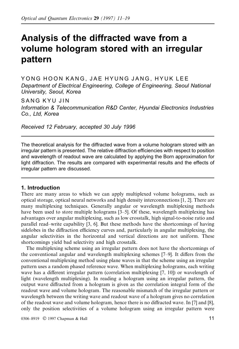 Analysis of the diffracted wave from a volume hologram stored with an irregular pattern by Unknown