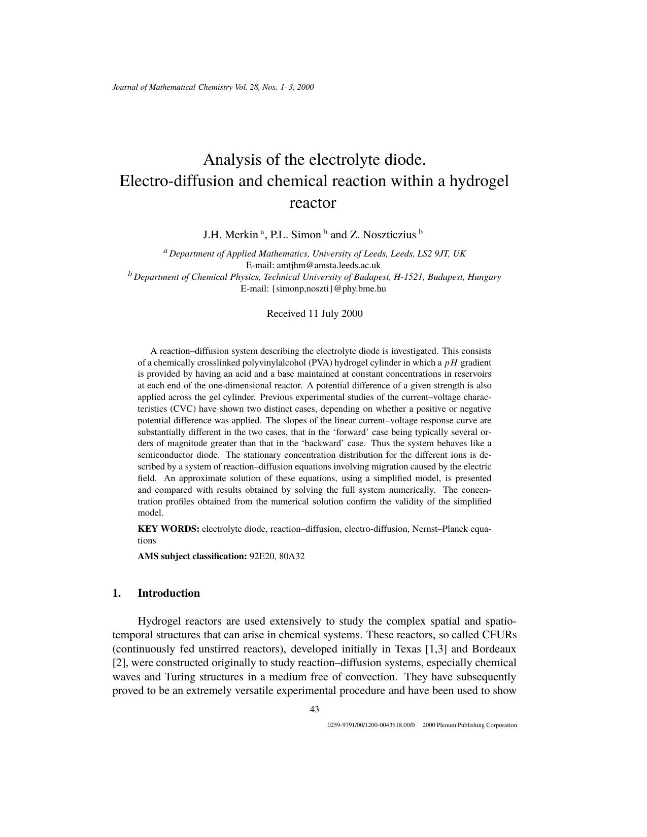 Analysis of the electrolyte diode. Electro-diffusion and chemical reaction within a hydrogel reactor by Unknown