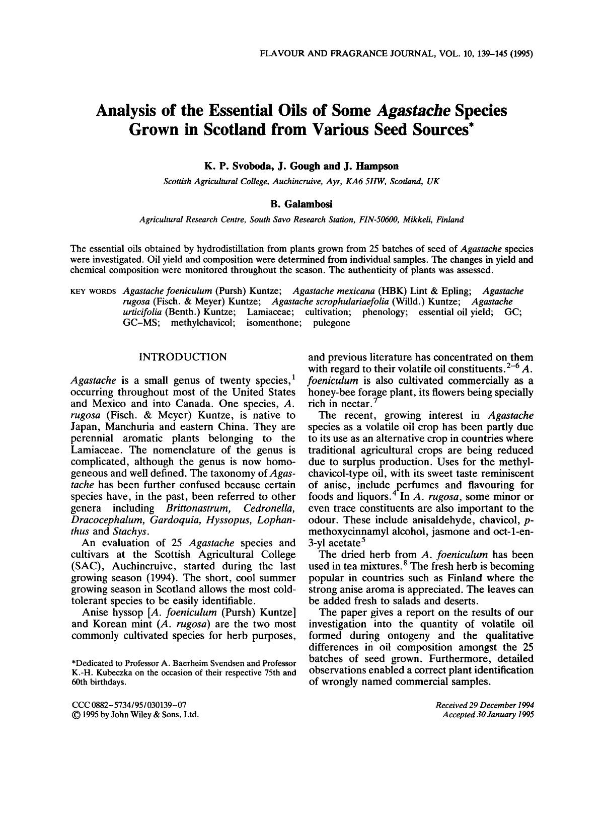 Analysis of the essential oils of some Agastache species grown in Scotland from various seed sources by Unknown
