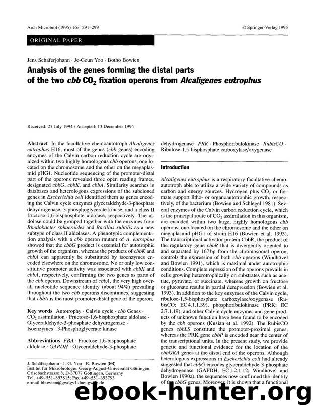 Analysis of the genes forming the distal parts of the two <Emphasis Type="Italic">cbb<Emphasis> CO<Subscript>2<Subscript> fixation operons from <Emphasis Type="Italic">Alcaligenes eutrophus<Emphasis> by Unknown