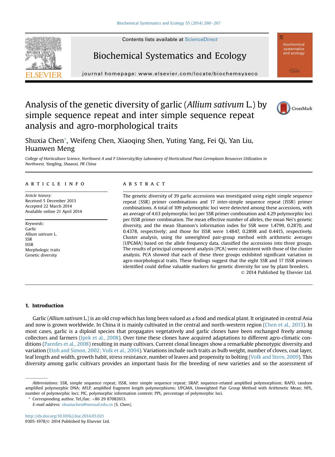 Analysis of the genetic diversity of garlic (Allium sativum L.) by simple sequence repeat and inter simple sequence repeat analysis and agro-morphological traits by Shuxia Chen & Weifeng Chen & Xiaoqing Shen & Yuting Yang & Fei Qi & Yan Liu & Huanwen Meng