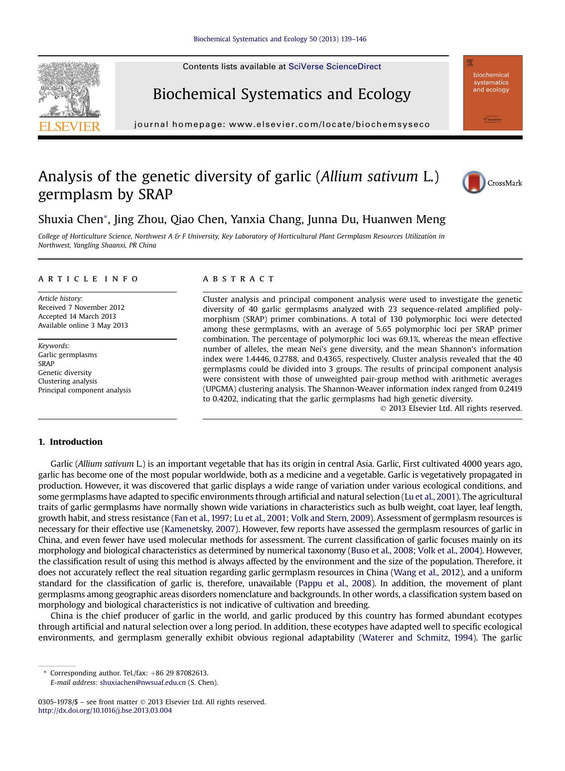 Analysis of the genetic diversity of garlic (Allium sativum L.) germplasm by SRAP by Shuxia Chen & Jing Zhou & Qiao Chen & Yanxia Chang & Junna Du & Huanwen Meng