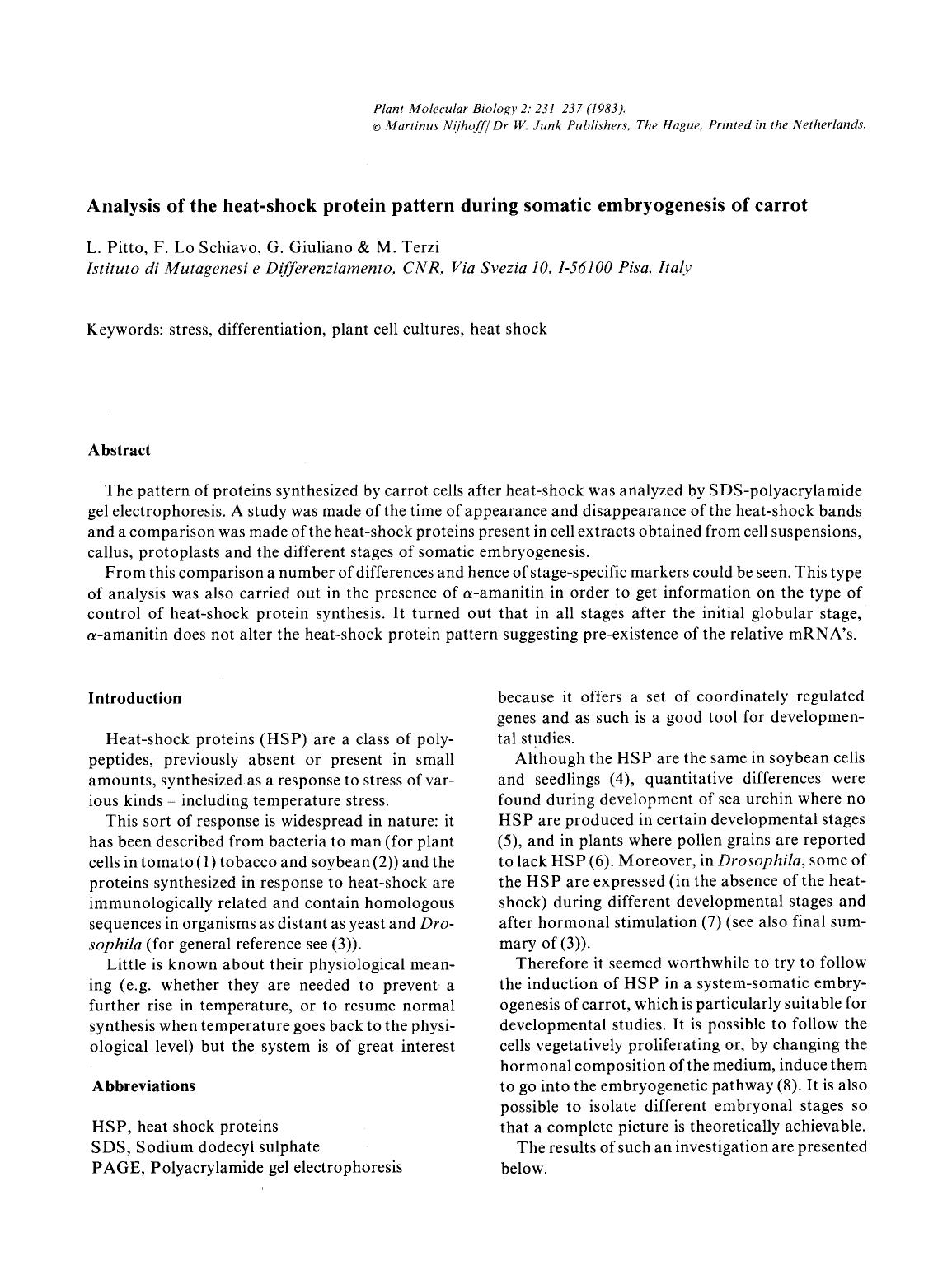 Analysis of the heat-shock protein pattern during somatic embryogenesis of carrot by Unknown