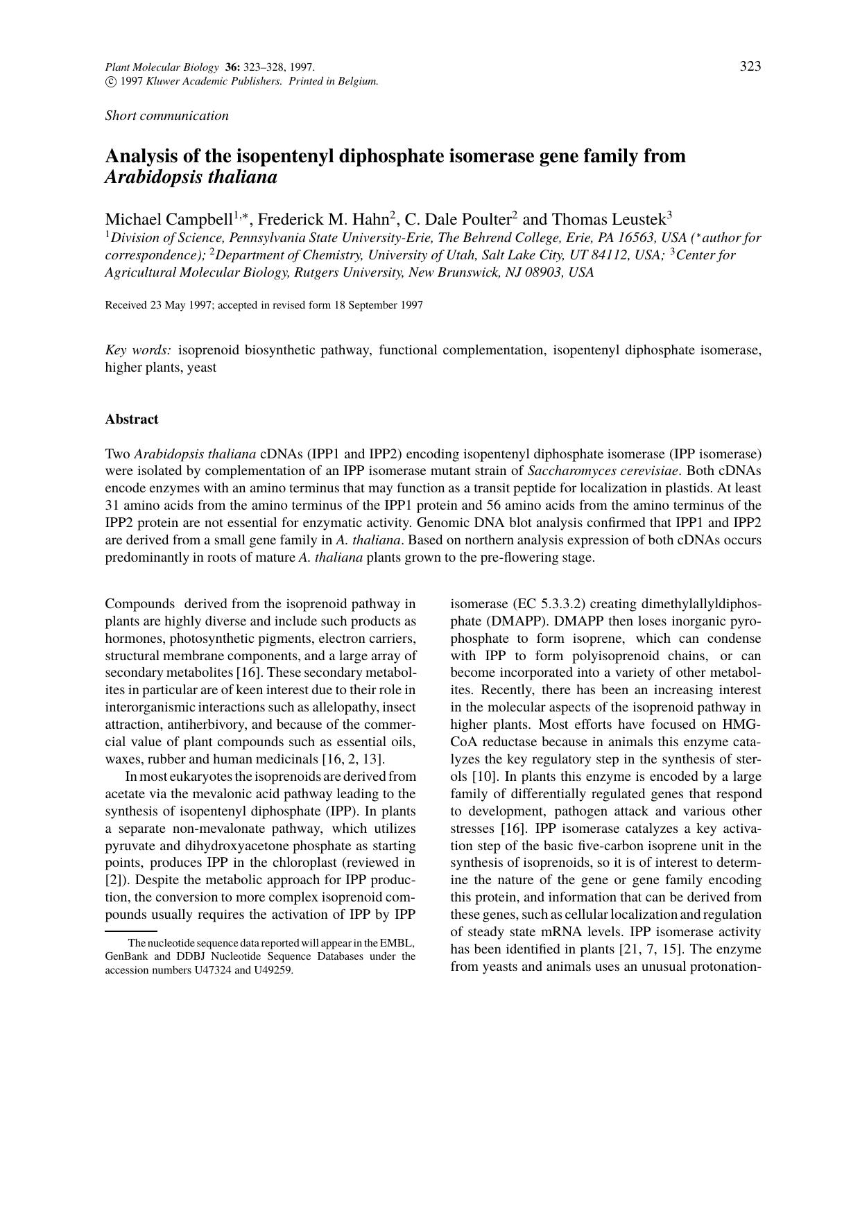 Analysis of the isopentenyl diphosphate isomerase gene family from Arabidopsis thaliana by Unknown