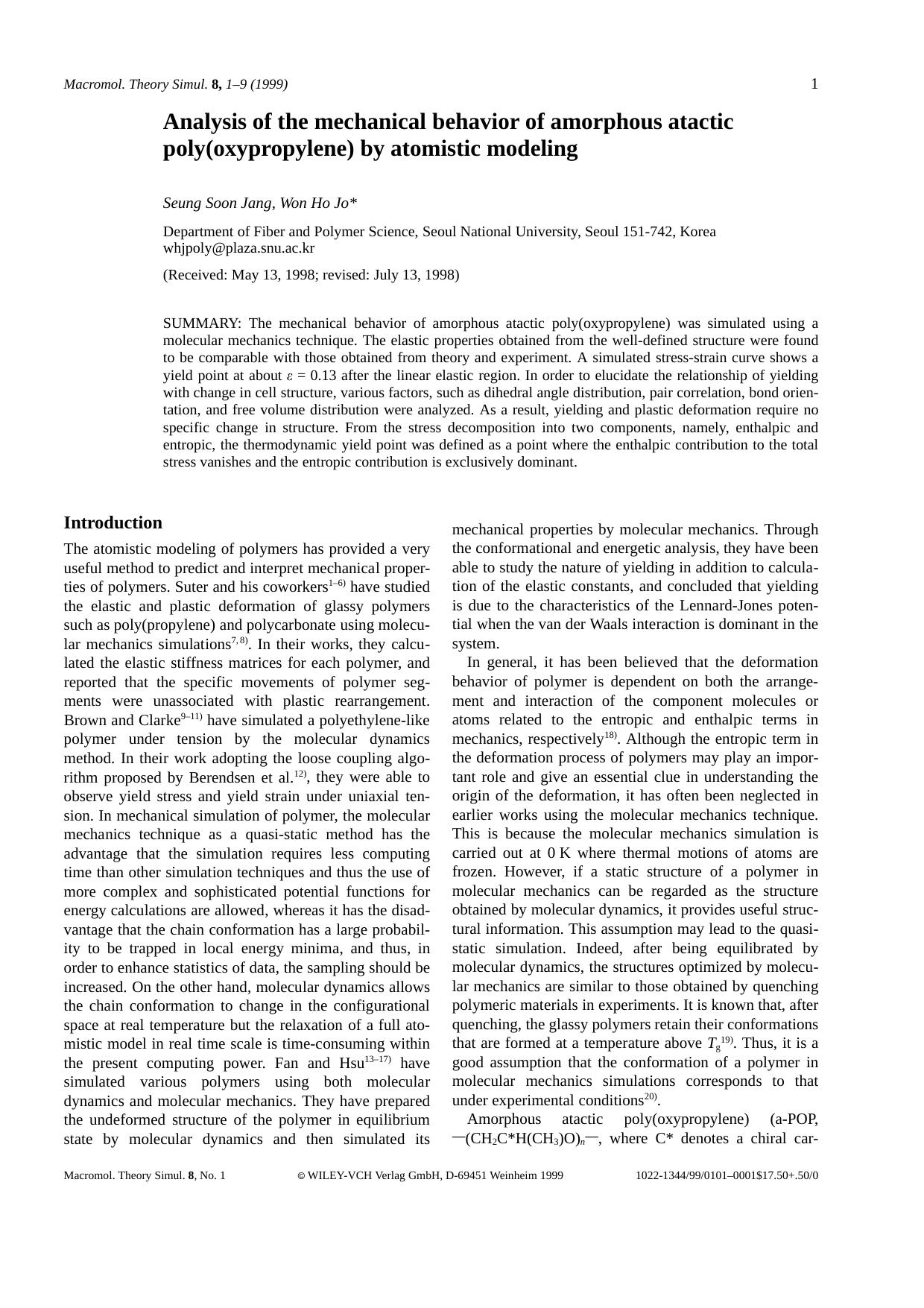 Analysis of the mechanical behavior of amorphous atactic poly(oxypropylene) by atomistic modeling by Unknown