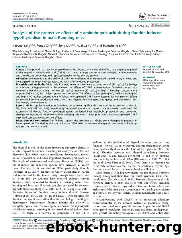 Analysis of the protective effects of Î³-aminobutyric acid during fluoride-induced hypothyroidism in male Kunming mice by Yang Haoyue & Xing Ronge & Liu Song & Yu Huahua & Li Pengcheng
