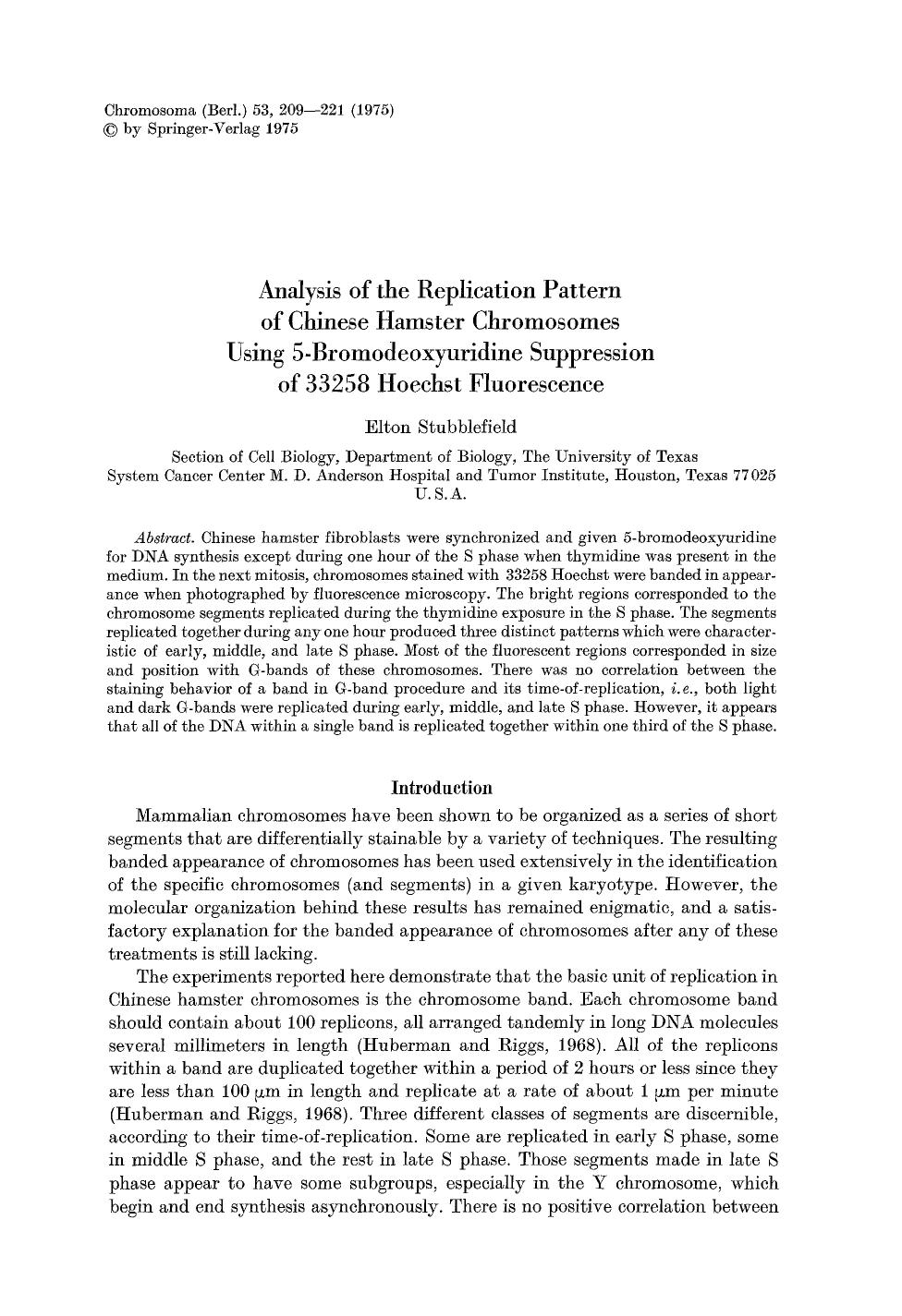 Analysis of the replication pattern of Chinese hamster chromosomes using 5-bromodeoxyuridine suppression of 33258 Hoechst fluorescence by Unknown