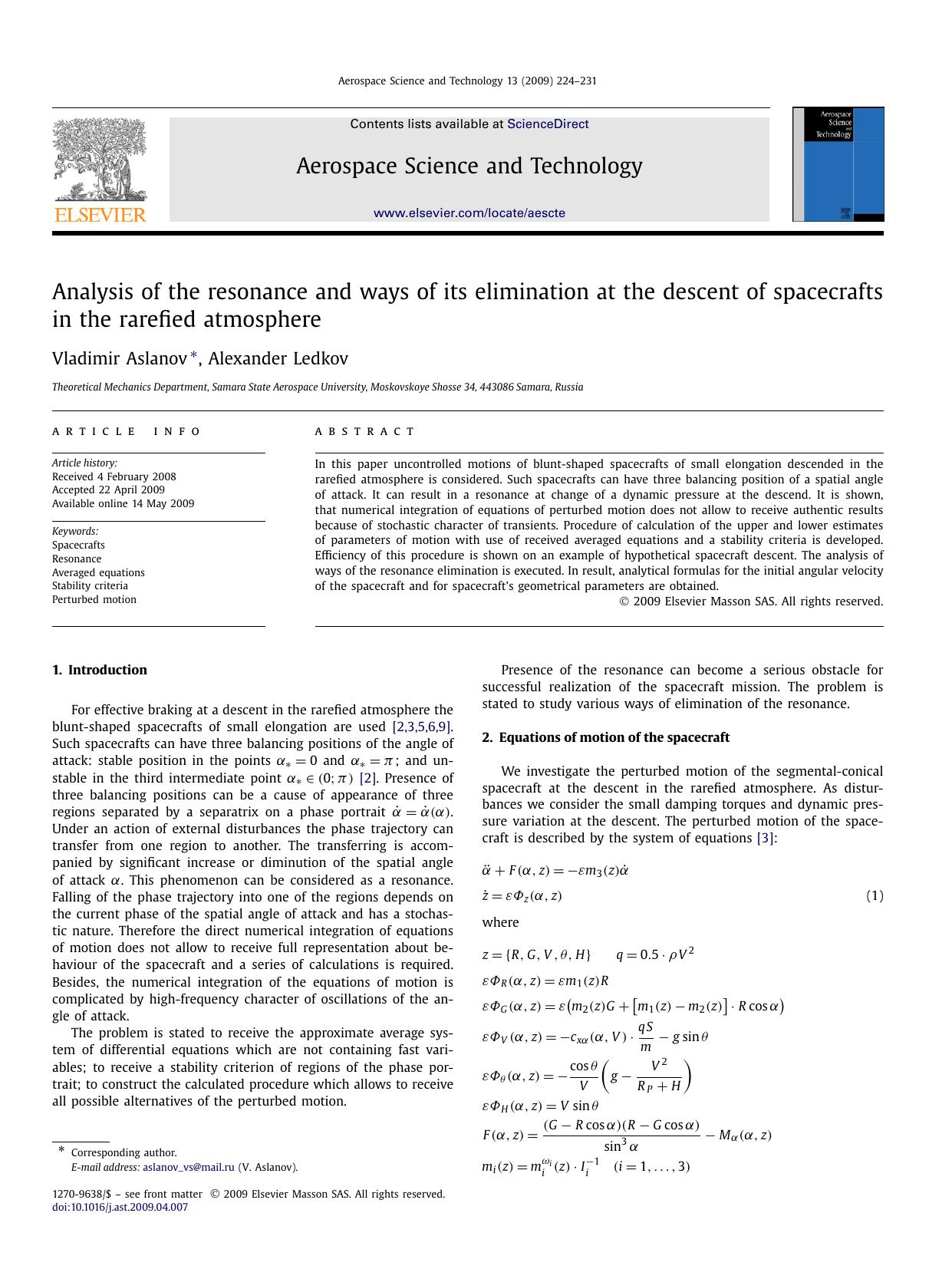 Analysis of the resonance and ways of its elimination at the descent of spacecrafts in the rarefied atmosphere by Vladimir Aslanov; Alexander Ledkov