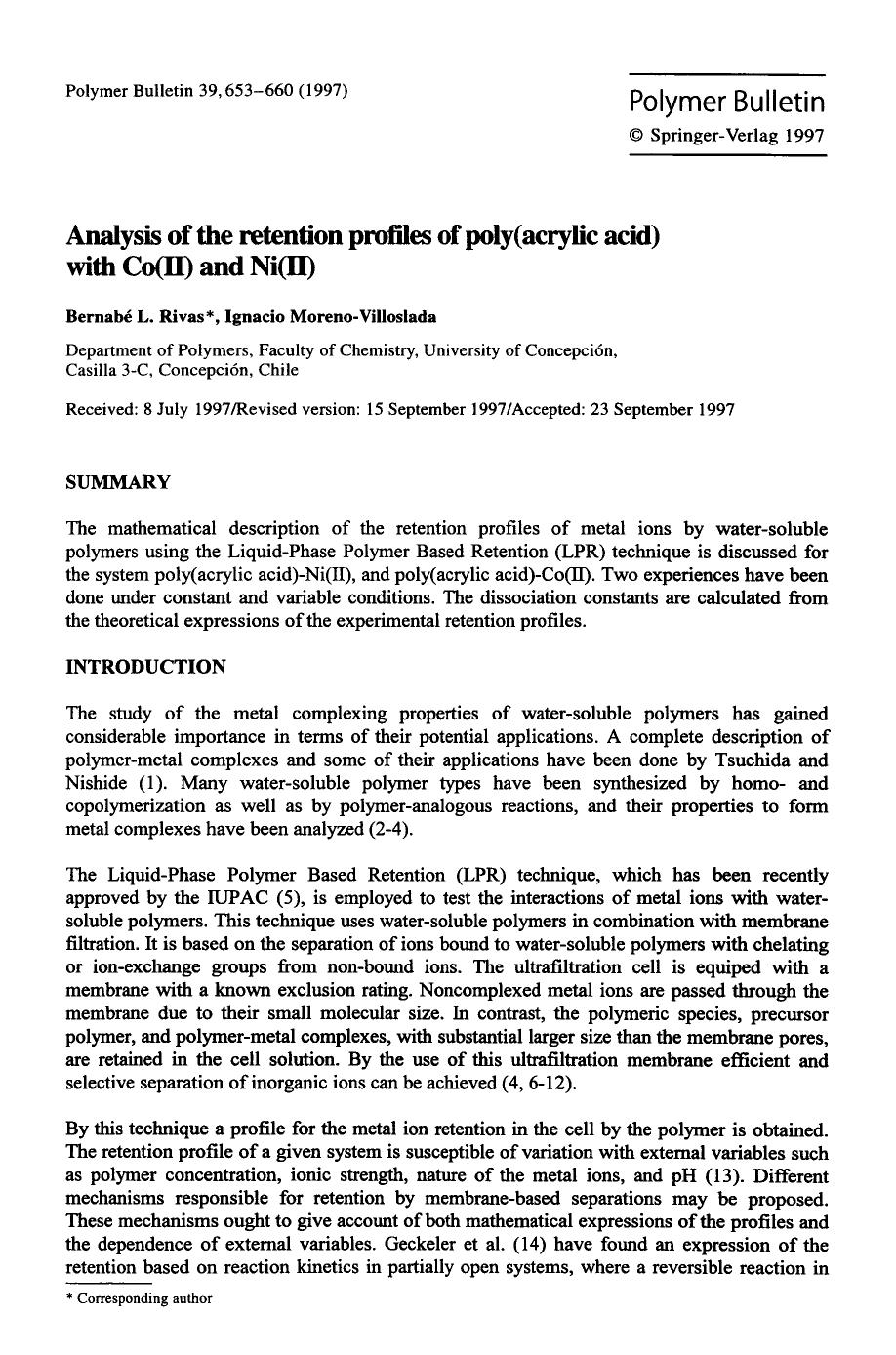 Analysis of the retention profiles of poly (acrylic acid) with Co(II) and Ni(II) by Unknown