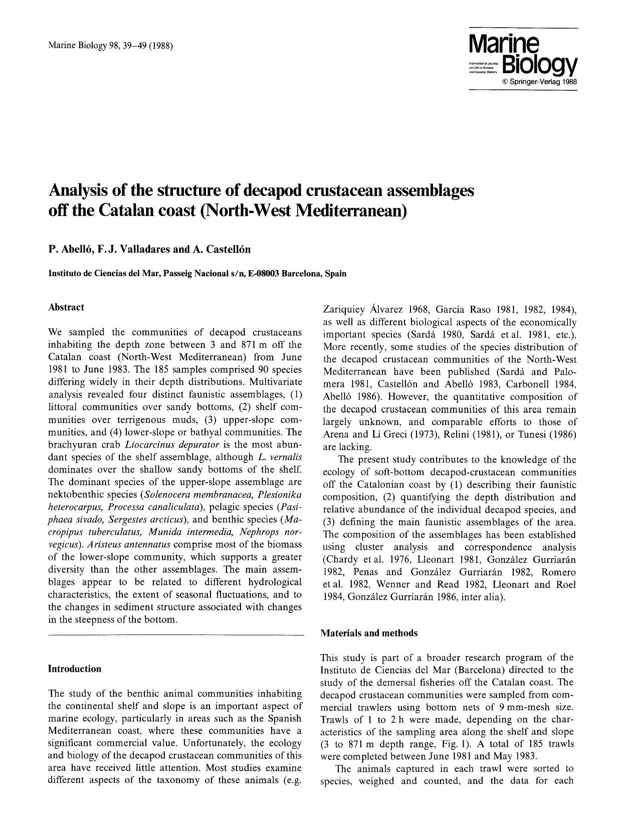 Analysis of the structure of decapod crustacean assemblages off the Catalan coast (North-West Mediterranean) by Unknown