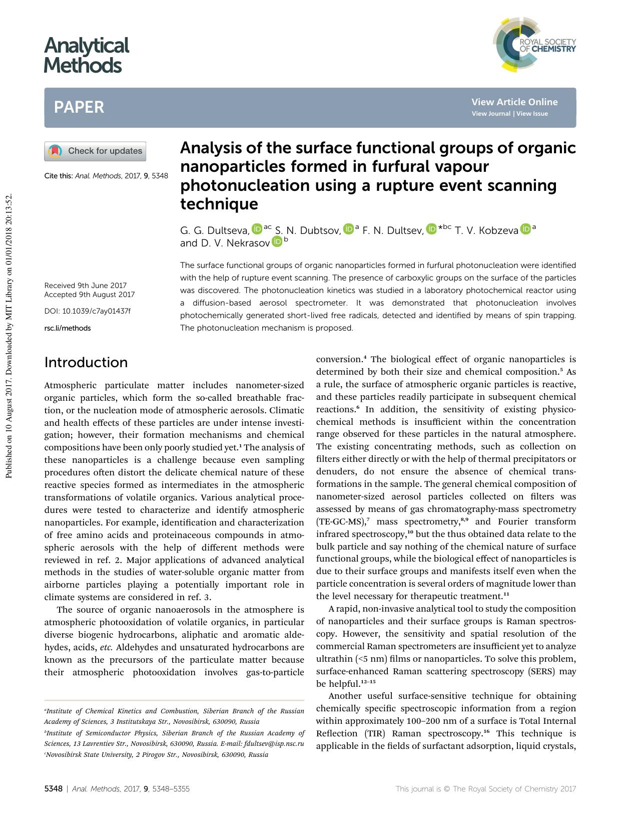 Analysis of the surface functional groups of organic nanoparticles formed in furfural vapour photonucleation using a rupture event scanning technique by G. G. Dultseva & S. N. Dubtsov & F. N. Dultsev & T. V. Kobzeva & D. V. Nekrasov