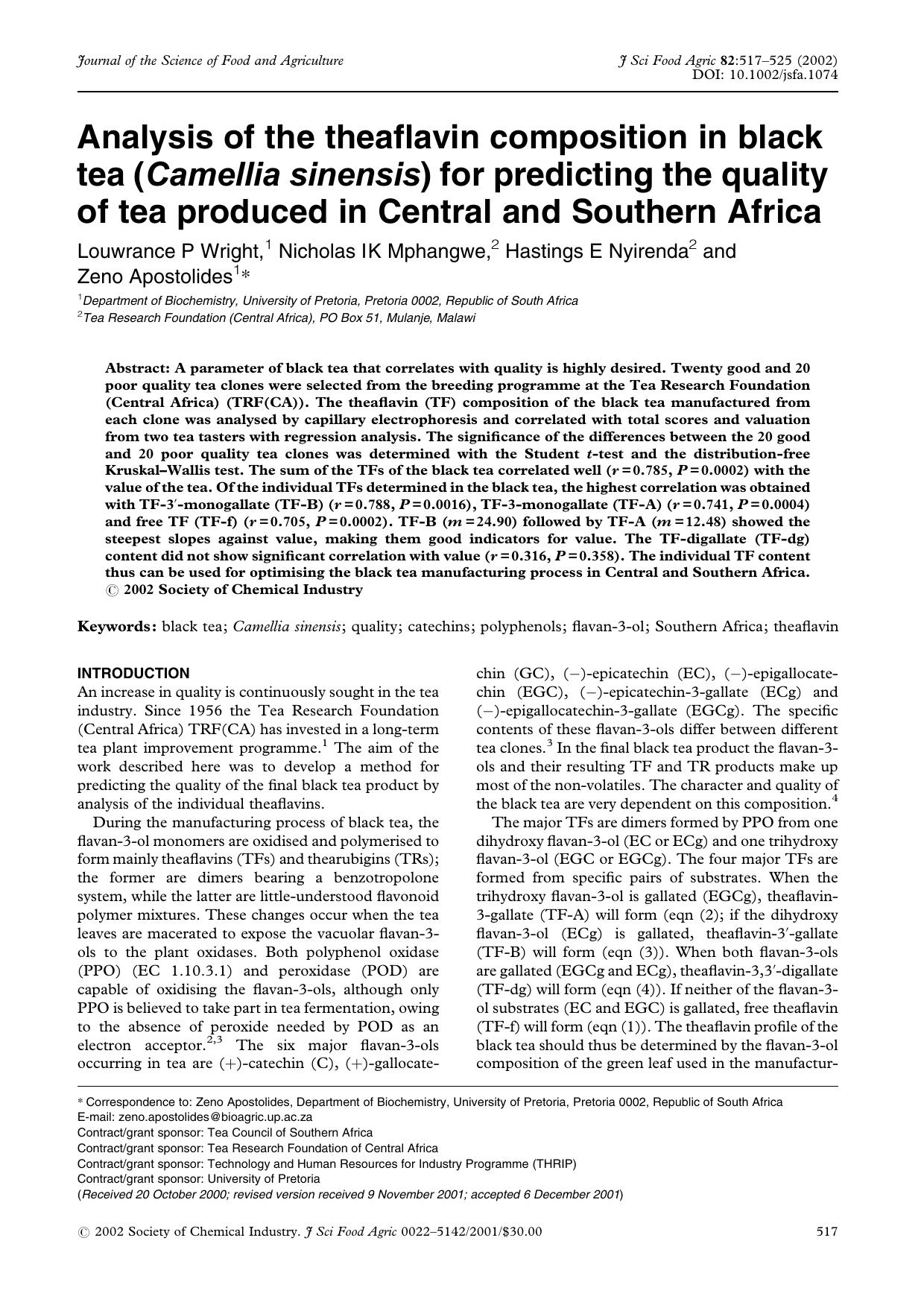 Analysis of the theaflavin composition in black tea (Camellia sinensis) for predicting the quality of tea produced in Central and Southern Africa by Unknown