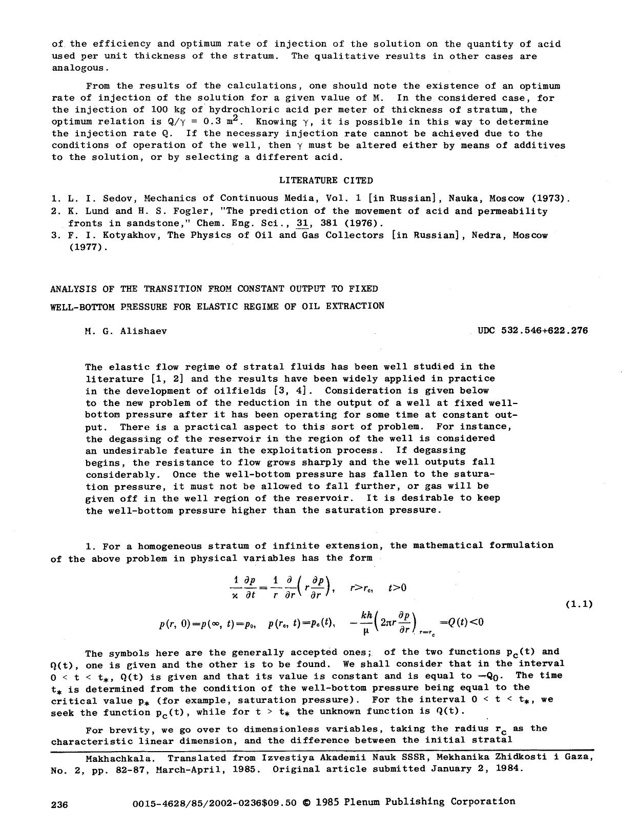 Analysis of the transition from constant output to fixed well-bottom pressure for elastic regime of oil extraction by Unknown