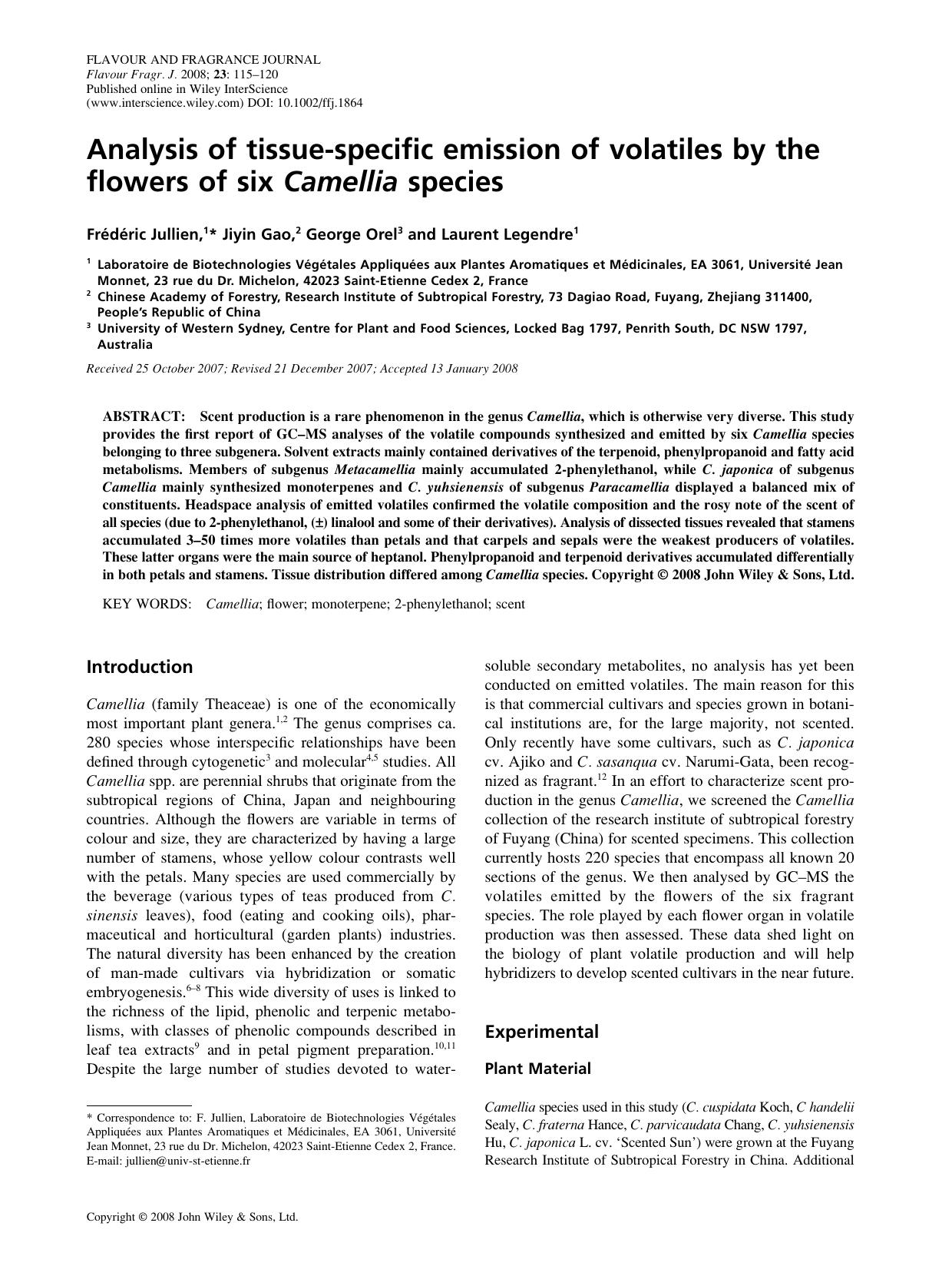 Analysis of tissue-specific emission of volatiles by the flowers of six Camellia species by JN-07