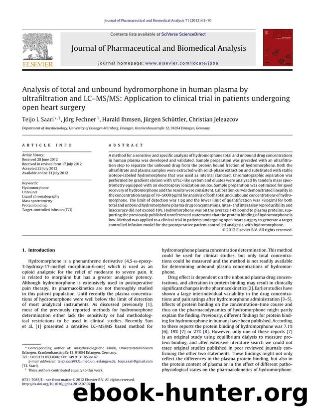 Analysis of total and unbound hydromorphone in human plasma by ultrafiltration and LCâMSMS: Application to clinical trial in patients undergoing open heart surgery by Teijo I. Saari