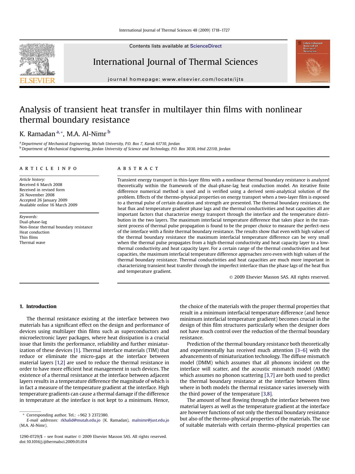 Analysis of transient heat transfer in multilayer thin films with nonlinear thermal boundary resistance by K. Ramadan; M.A. Al-Nimr