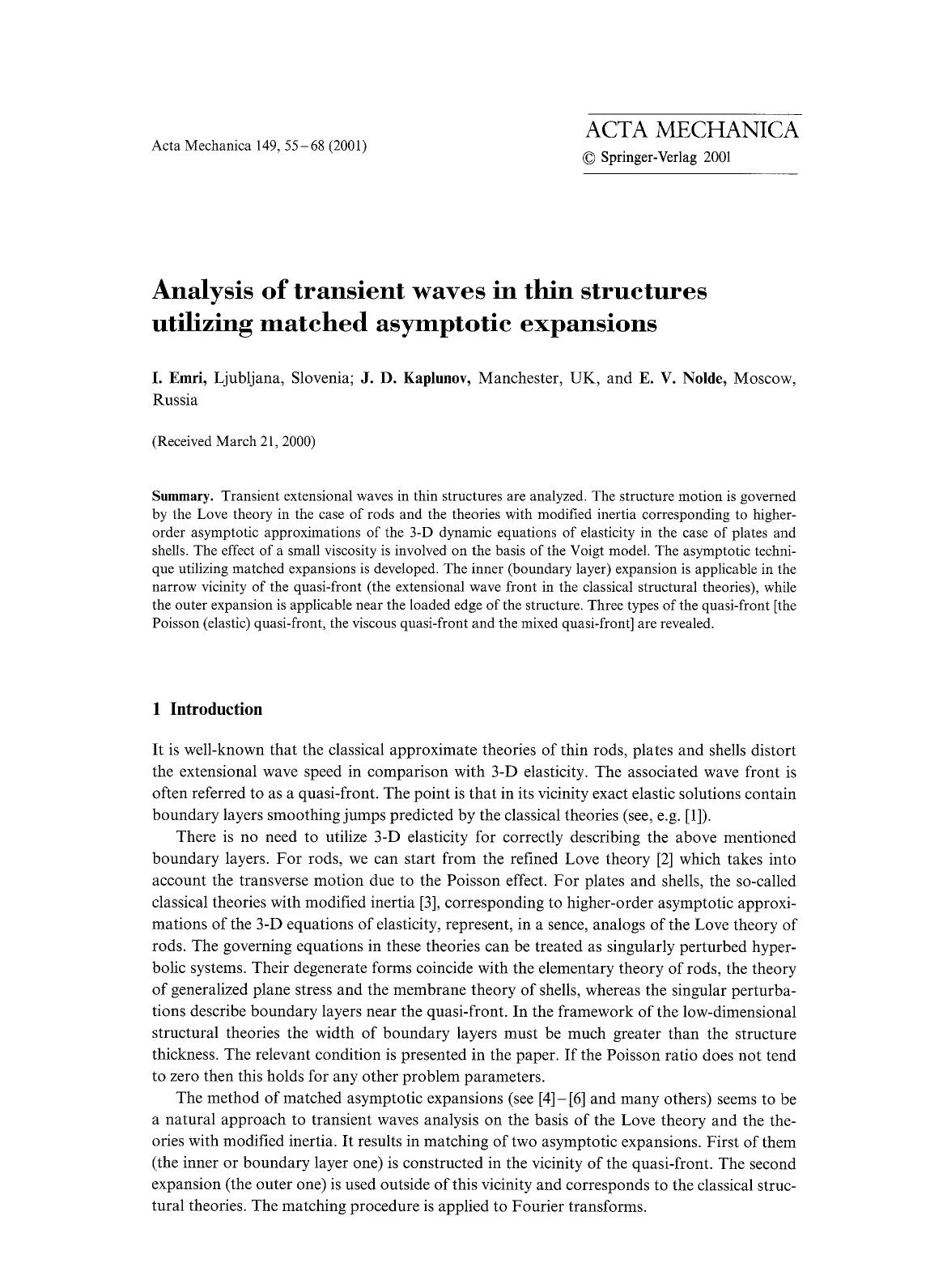 Analysis of transient waves in thin structures utilizing matched asymptotic expansions by Unknown
