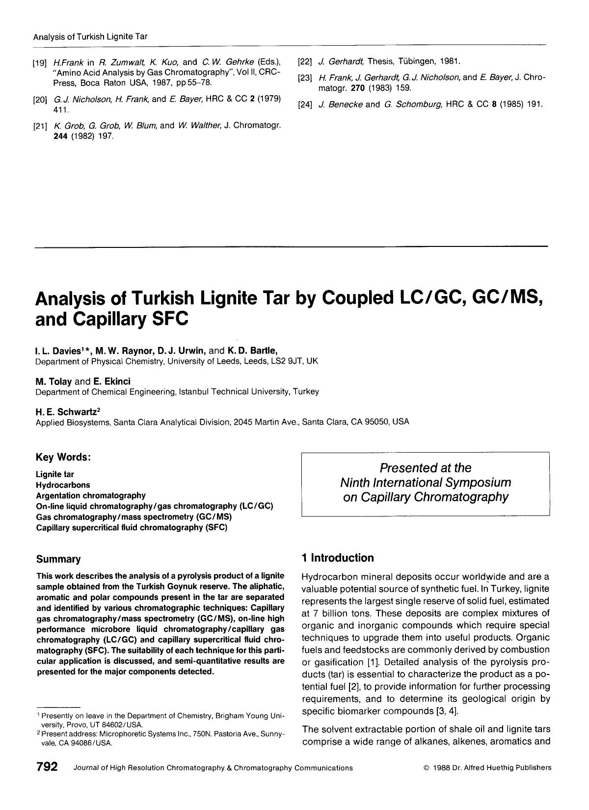 Analysis of turkish lignite tar by coupled LCGC, GCMS, and capillary SFC by Unknown