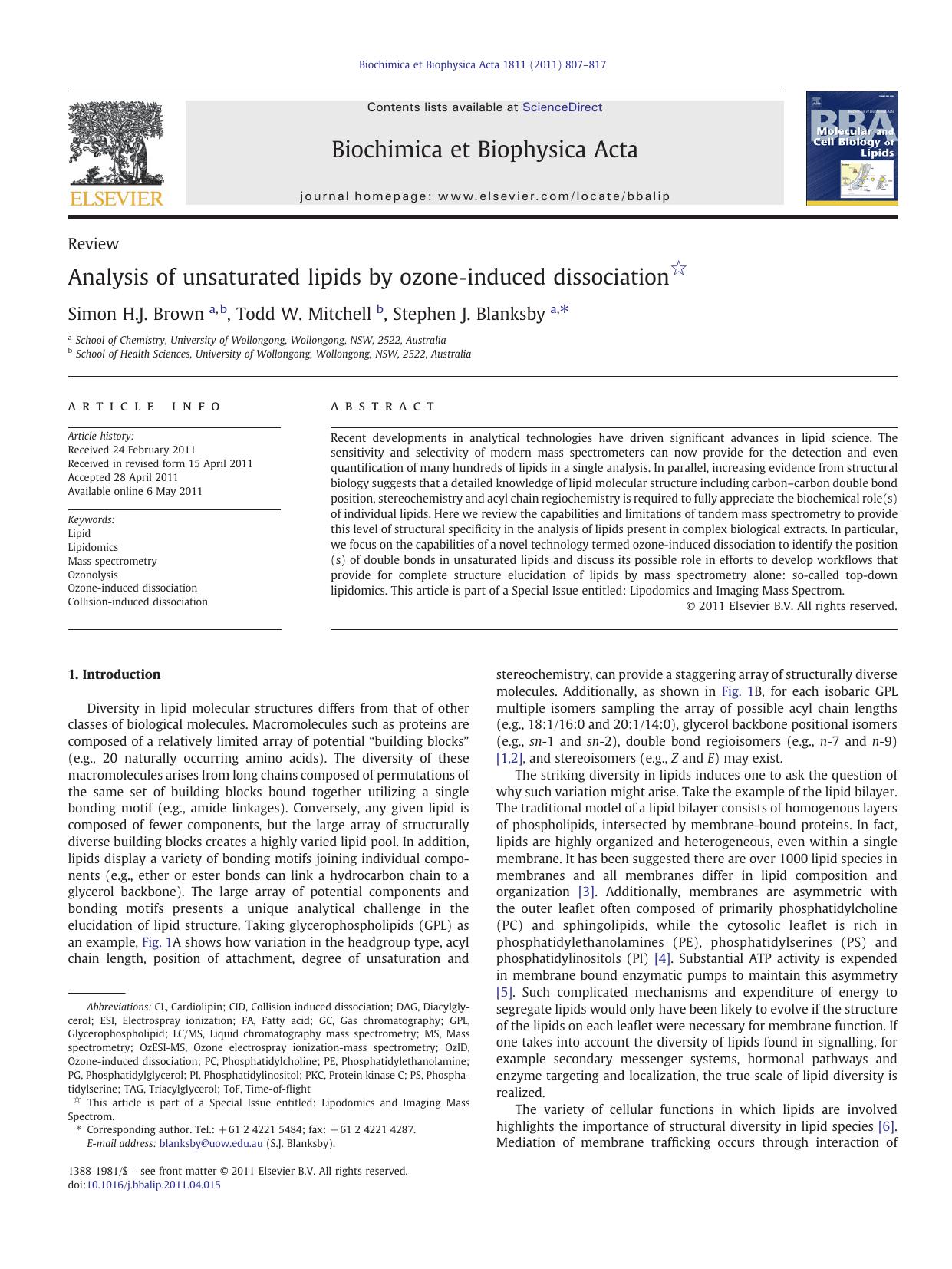 Analysis of unsaturated lipids by ozone-induced dissociation by Simon H.J. Brown & Todd W. Mitchell & Stephen J. Blanksby