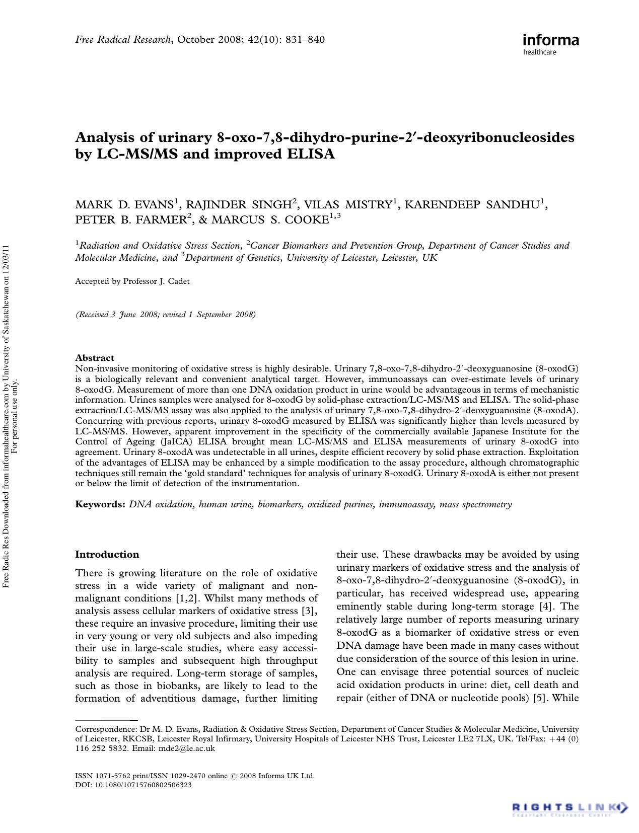 Analysis of urinary 8-oxo-7,8-dihydro-purine-2â-deoxyribonucleosides by LC-MSMS and improved ELISA by unknow
