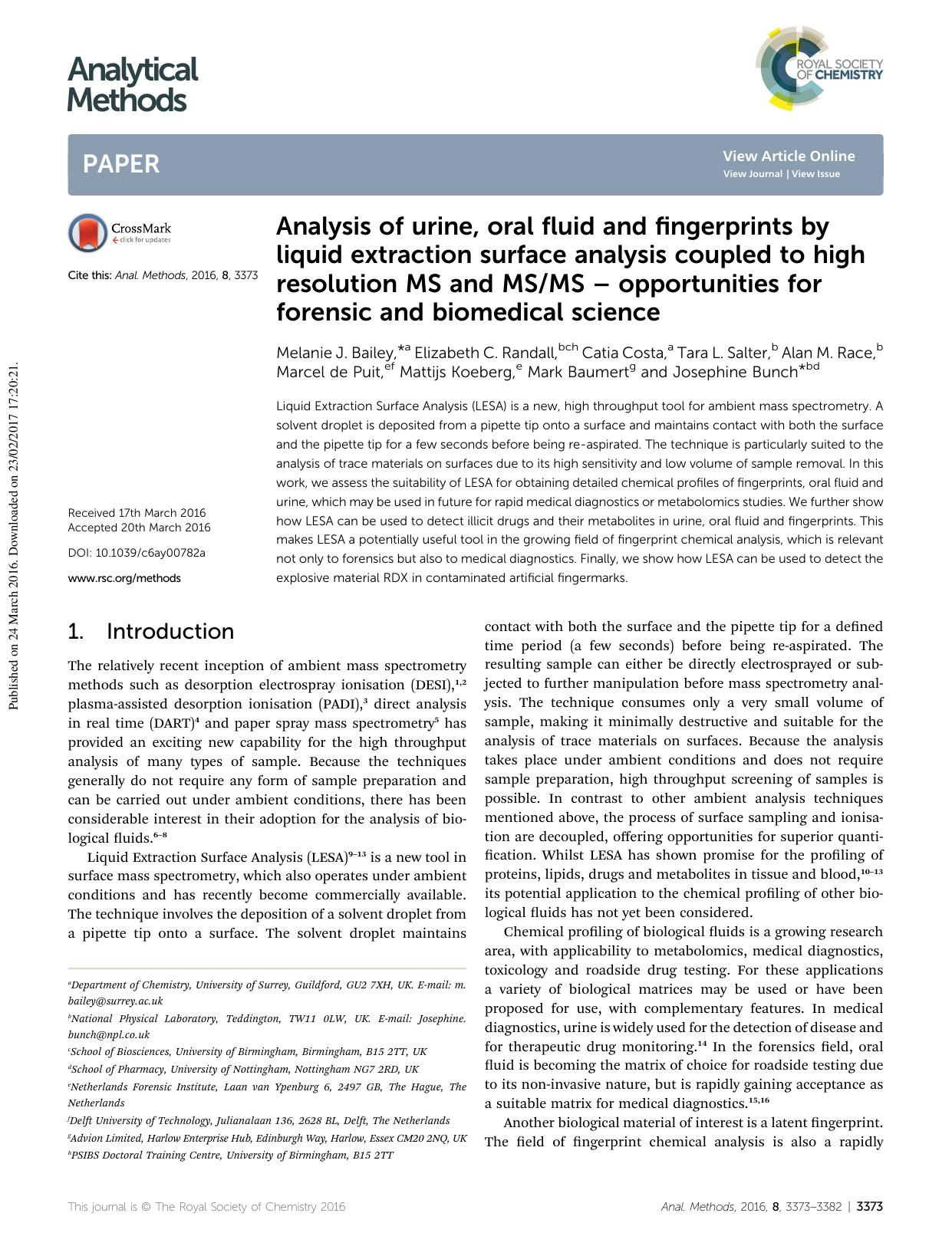 Analysis of urine, oral fluid and fingerprints by liquid extraction surface analysis coupled to high resolution MS and MSMS â opportunities for forensic and biomedical science by unknow