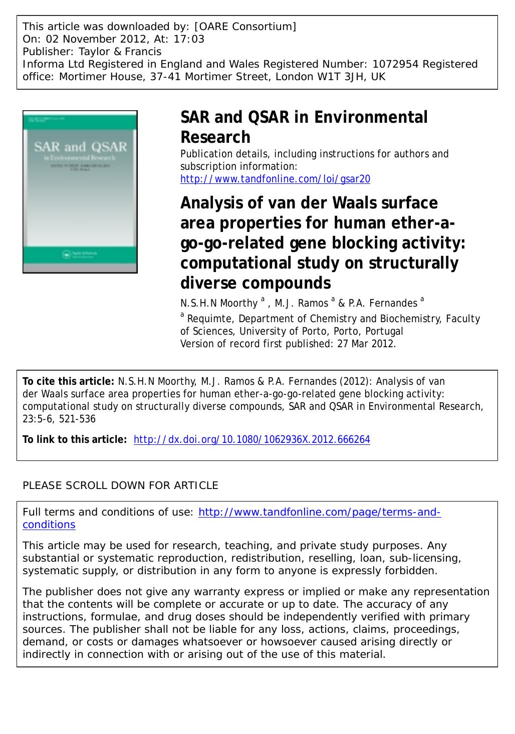 Analysis of van der Waals surface area properties for human ether-a-go-go-related gene blocking activity: computational study on structurally diverse compounds by N.S.H.N Moorthy M.J. Ramos & P.A. Fernandes