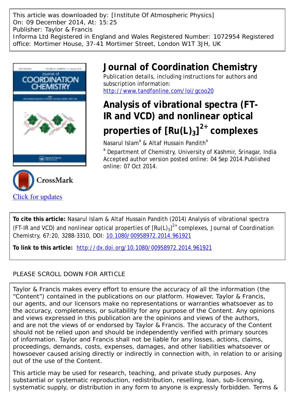 Analysis of vibrational spectra (FT-IR and VCD) and nonlinear optical properties of [Ru(L)3]2+ complexes by Nasarul Islam