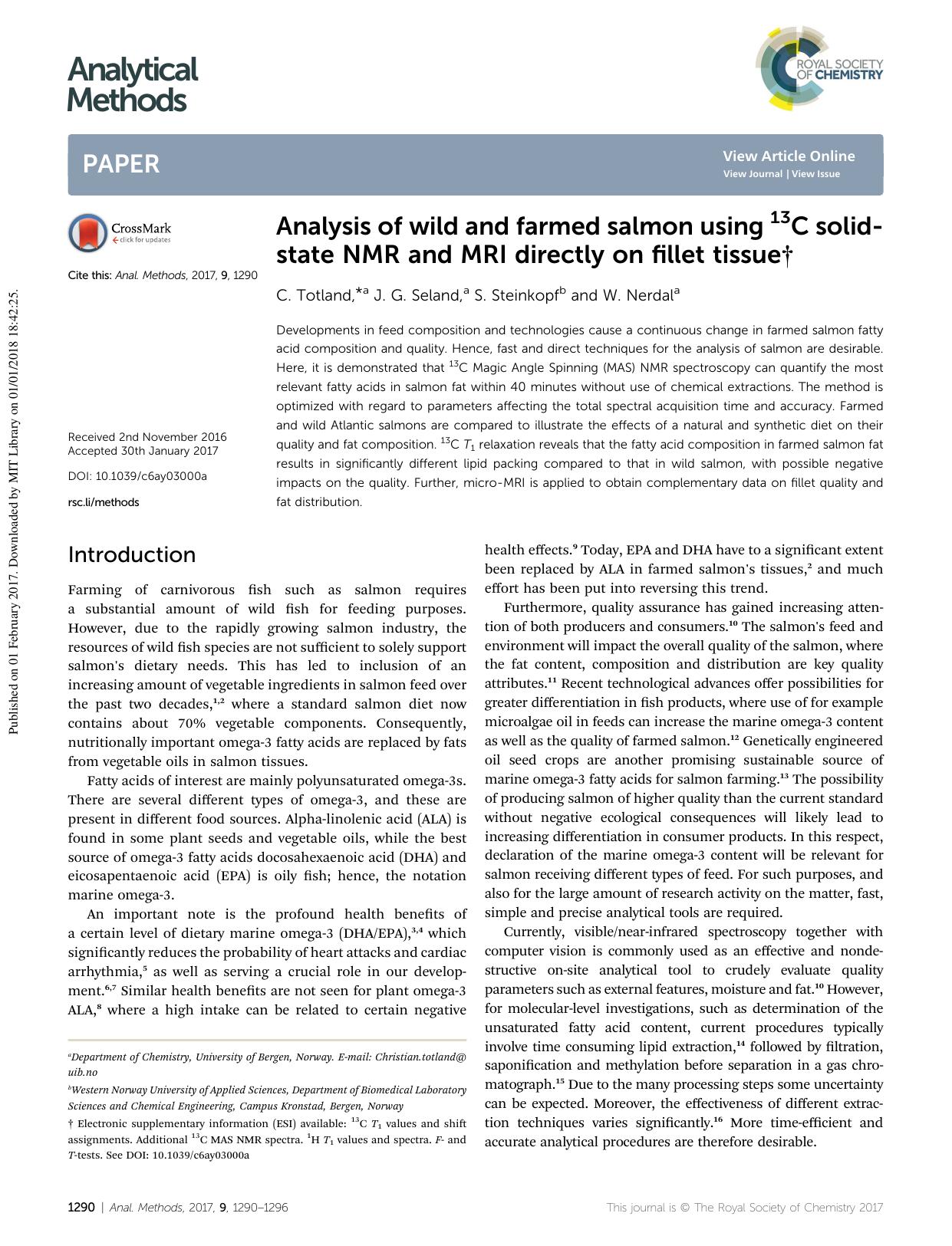 Analysis of wild and farmed salmon using 13C solid-state NMR and MRI directly on fillet tissue by C. Totland & J. G. Seland & S. Steinkopf & W. Nerdal