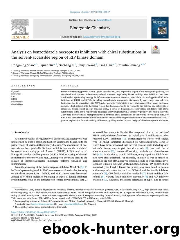 Analysis on benzothiazole necroptosis inhibitors with chiral substitutions in the solvent-accessible region of RIP kinase domain by Hongming Shao & Lijuan Xu & Gechang Li & Shuyu Wang & Ting Han & Chunlin Zhuang