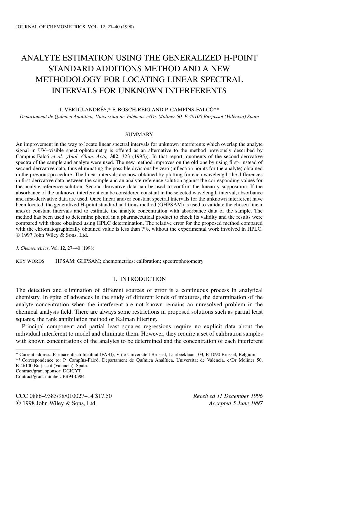 Analyte estimation using the generalized h-point standard additions method and a new methodology for locating linear spectral intervals for unknown interferents by Unknown