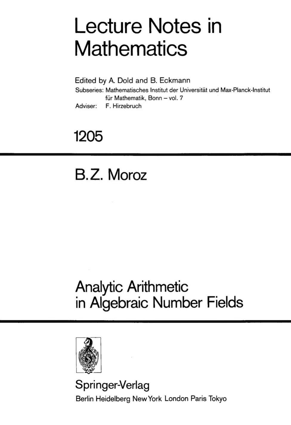 Analytic Arithmetic in Algebraic Number Fields by Baruch Z. Moroz