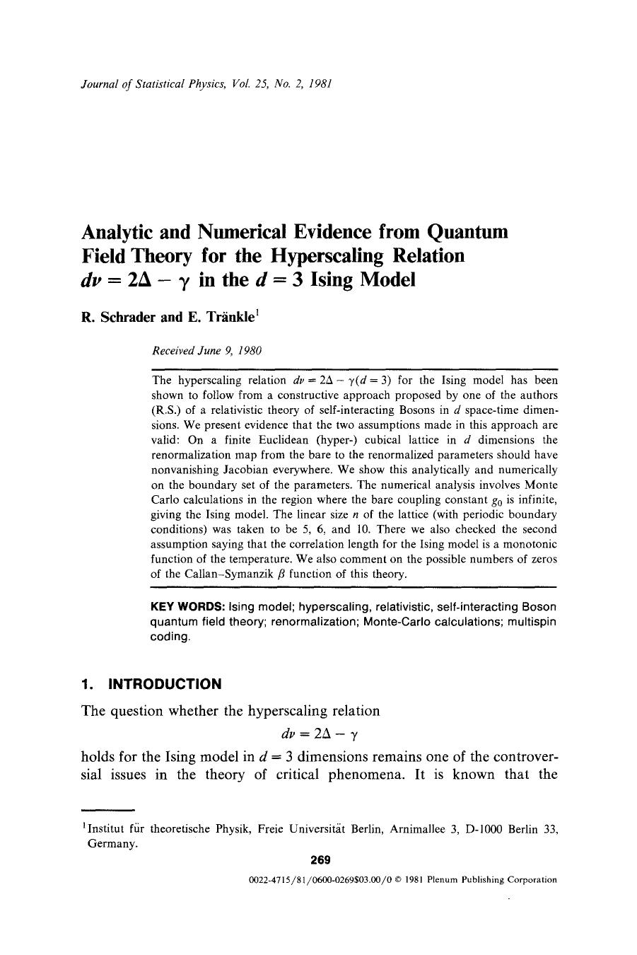 Analytic and numerical evidence from quantum field theory for the hyperscaling relation dv = 2&#x0394;&#x2212;&#x03B3; in the d=3 ising model by Unknown