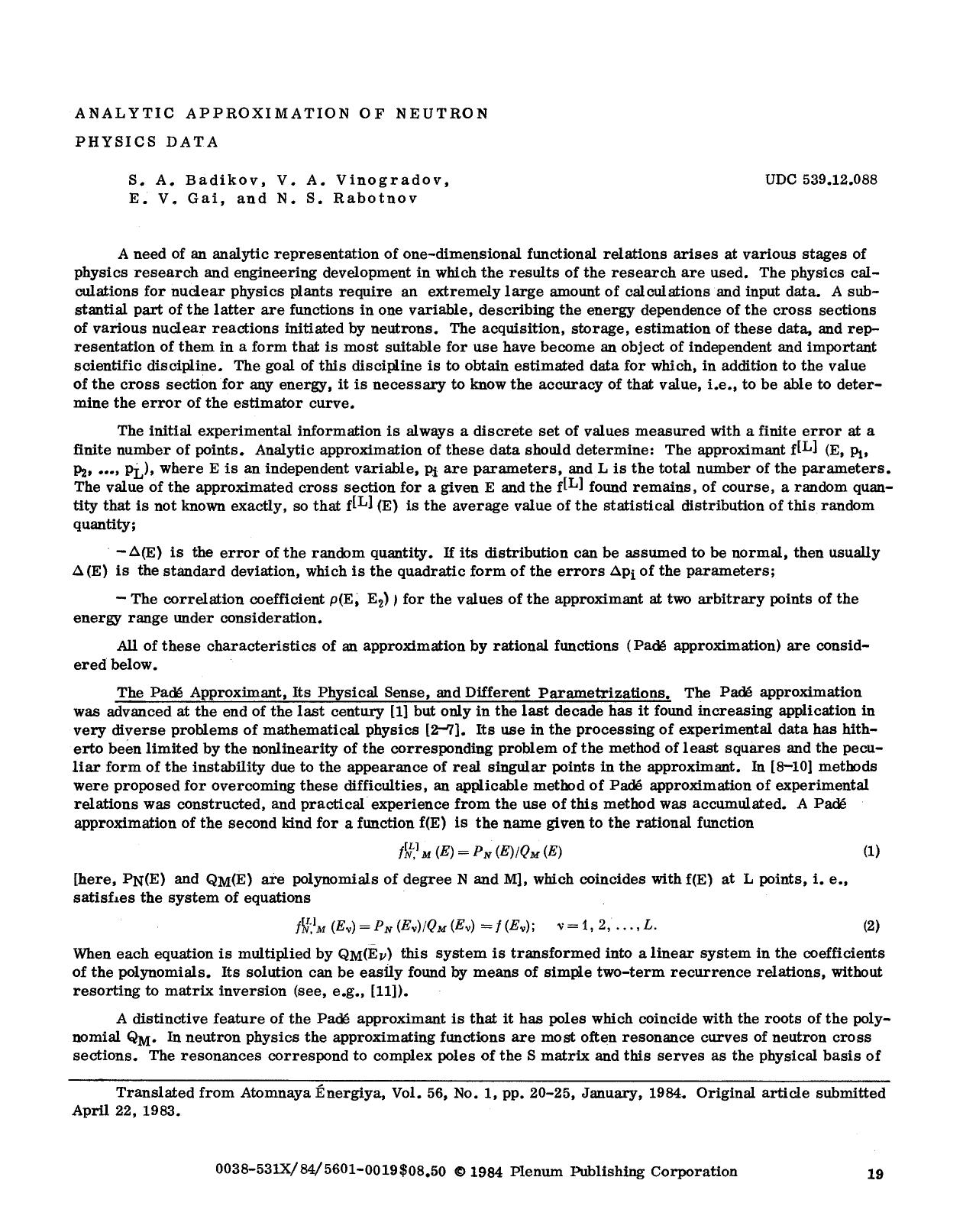 Analytic approximation of neutron physics data by Unknown