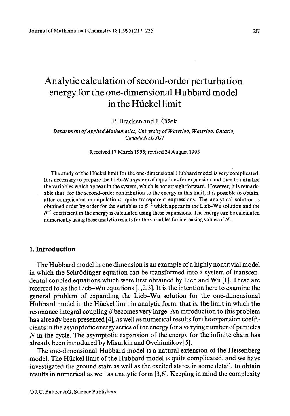 Analytic calculation of second-order perturbatior energy for the one-dimensional Hubbard model in the Hückel limit by Unknown