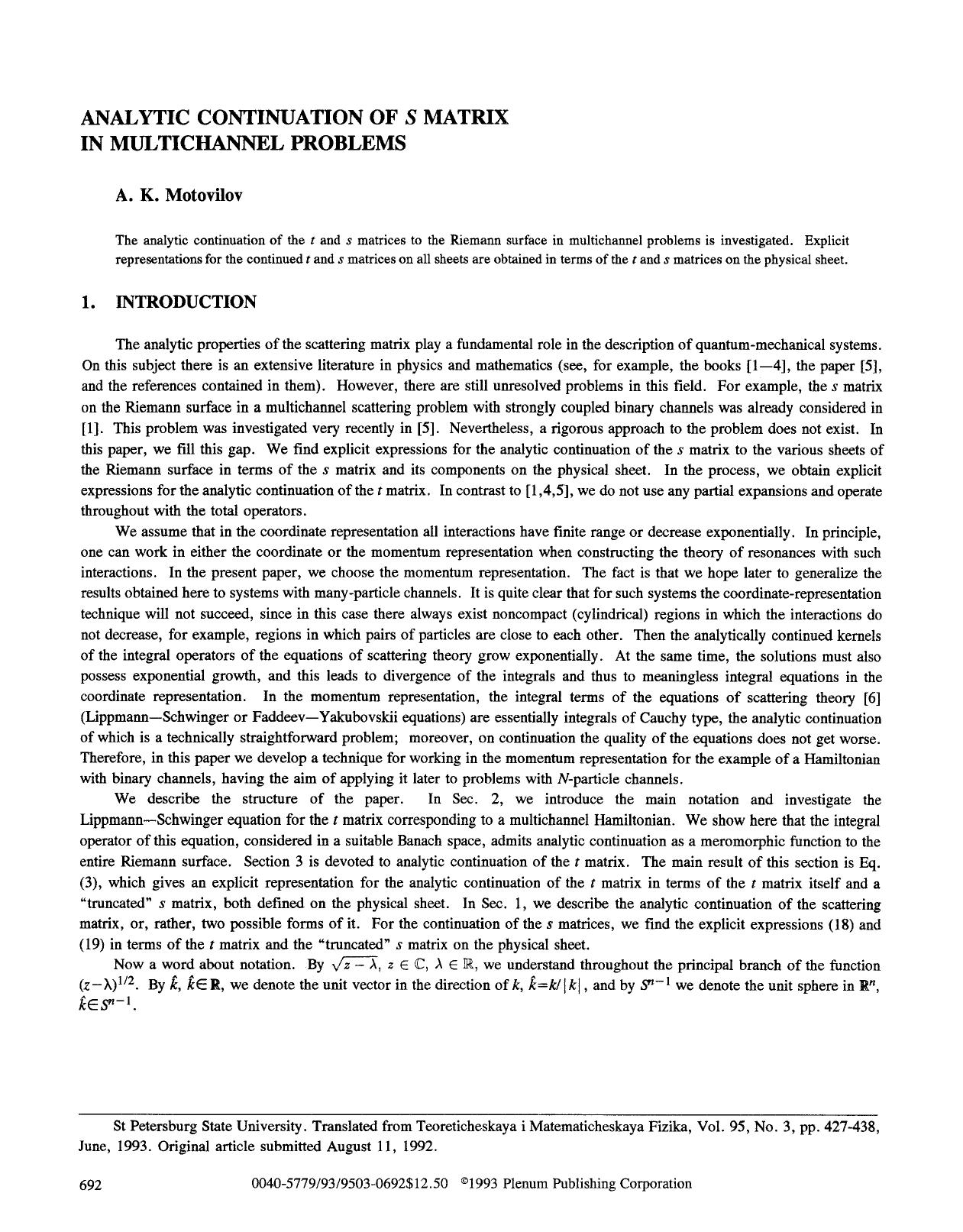 Analytic continuation of <Emphasis Type="Italic">s <Emphasis> matrix in multichannel problems by Unknown