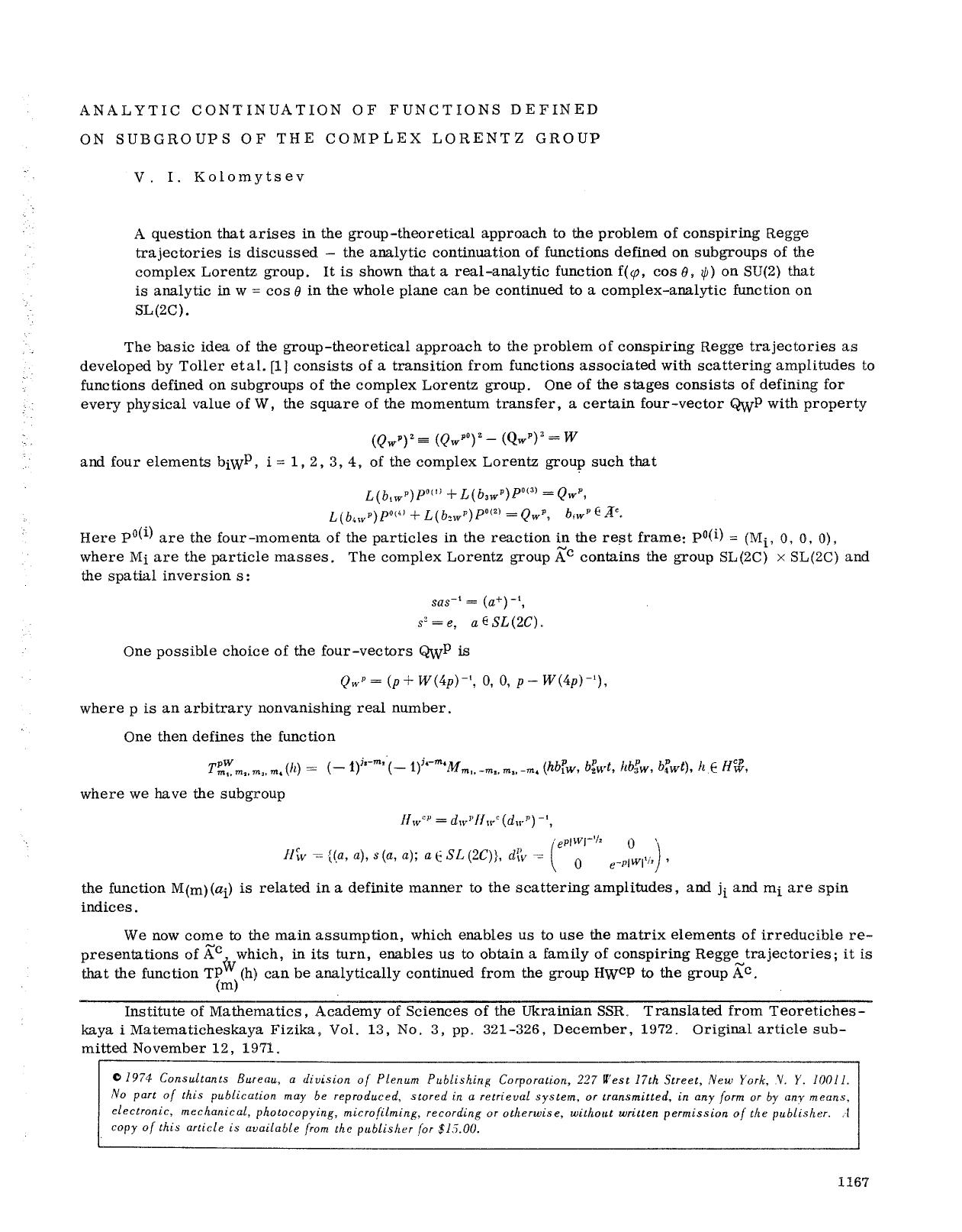 Analytic continuation of functions defined on subgroups of the complex Lorentz group by Unknown