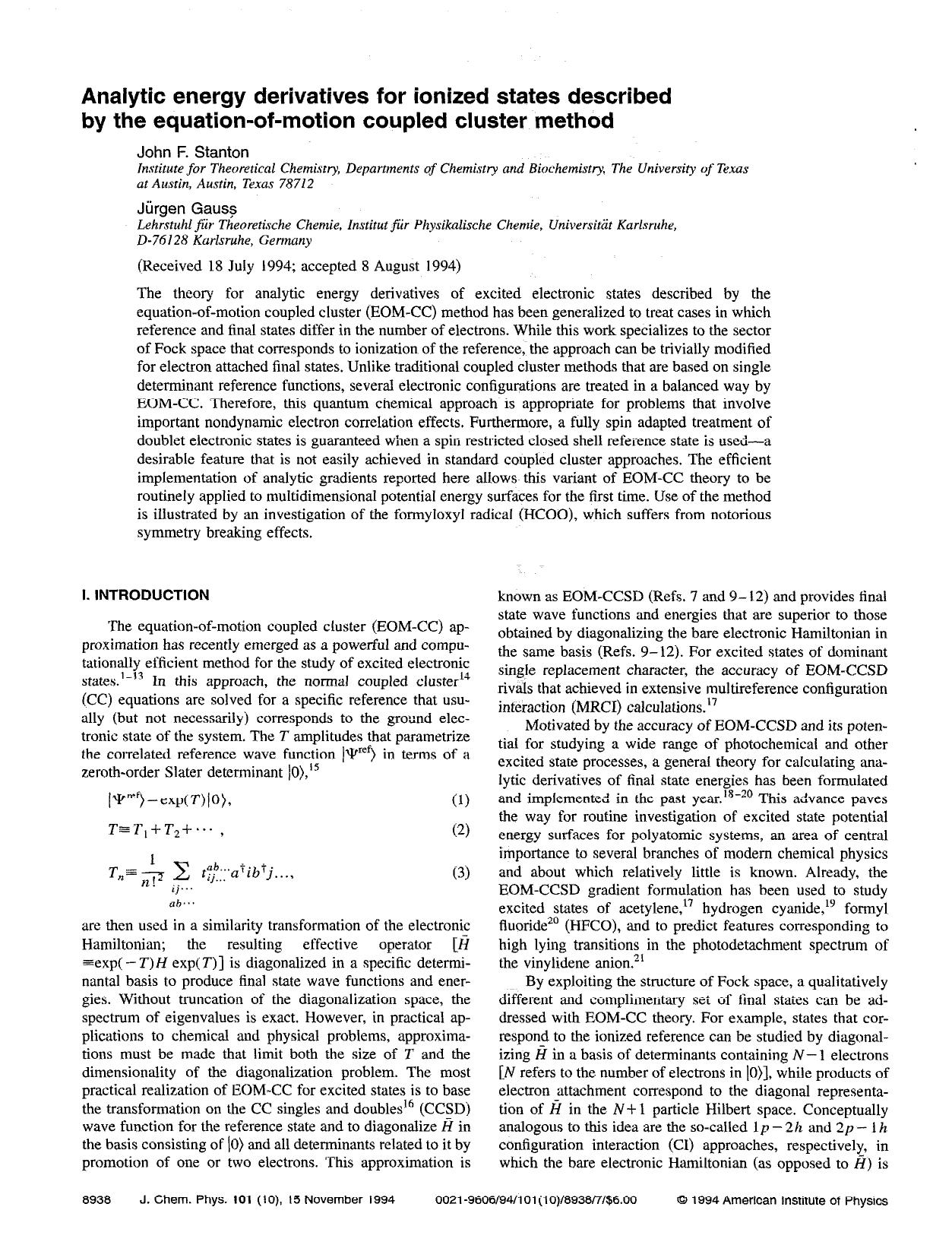 Analytic energy derivatives for ionized states described by the equation-of-motion coupled cluster method by John F. Stanton; Jurgen Gauss