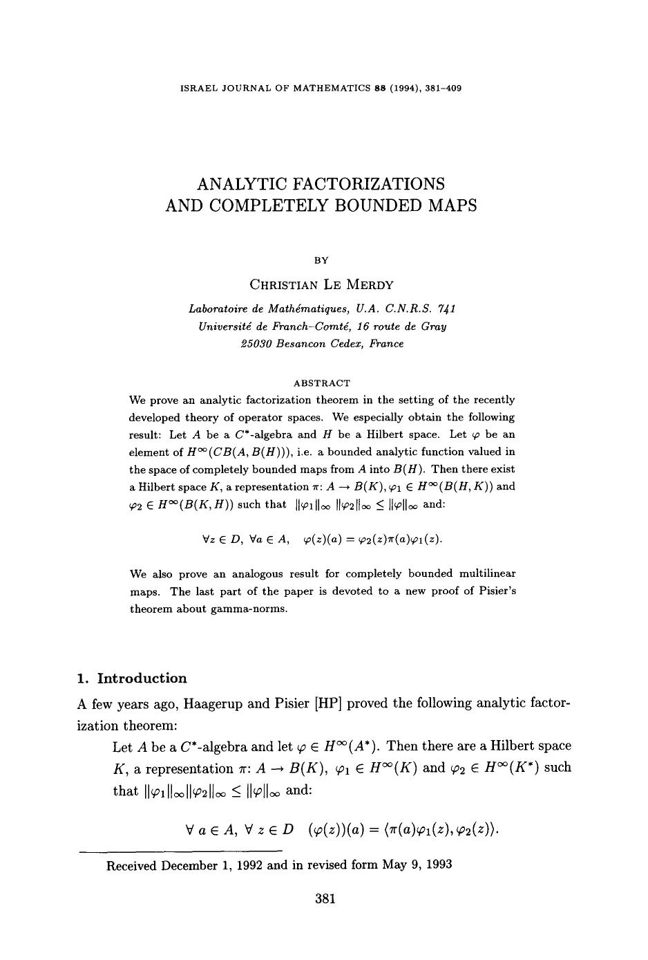 Analytic factorizations and completely bounded maps by Unknown
