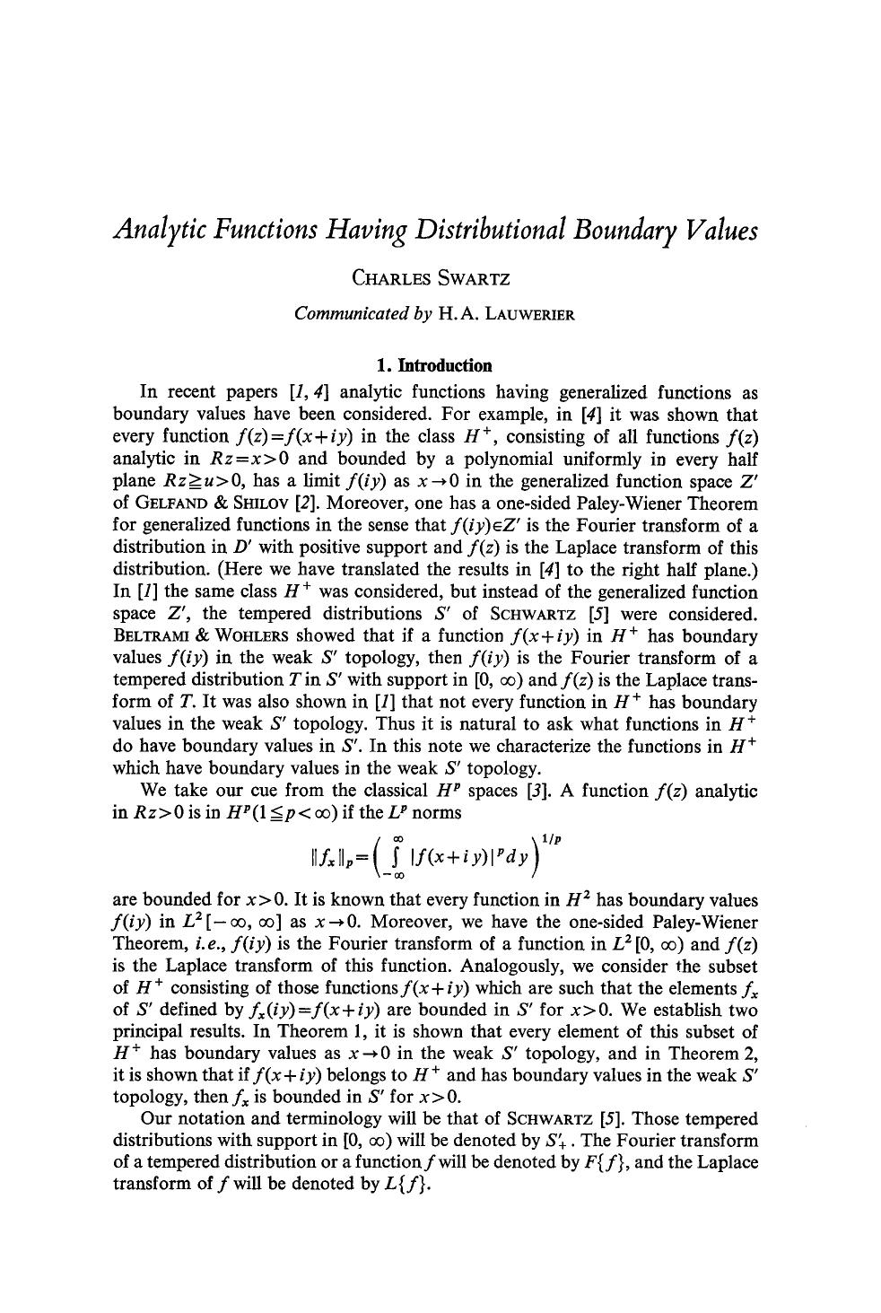 Analytic functions having distributional boundary values by Unknown