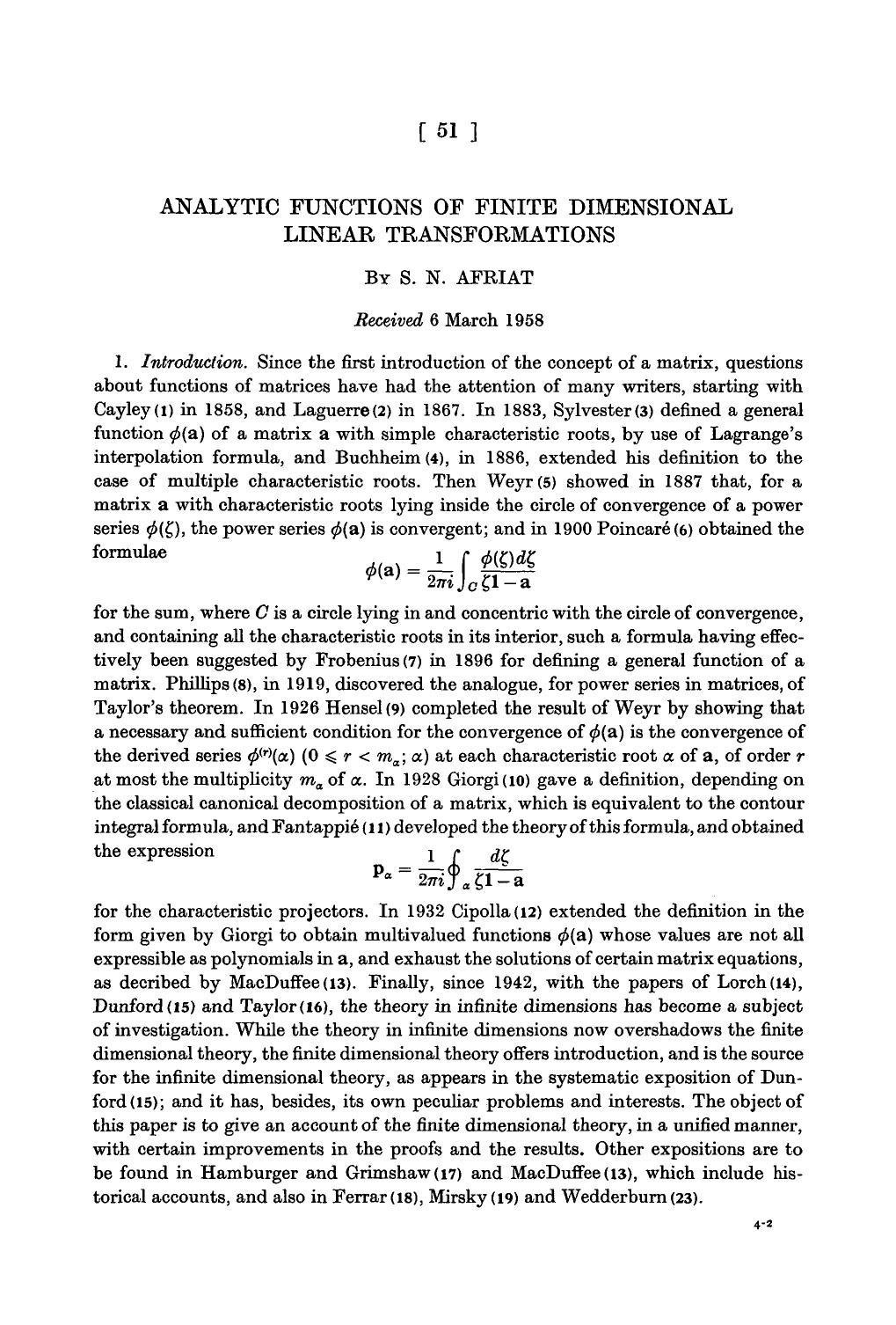 Analytic functions of finite dimensional linear transformations by S. N. Afriat