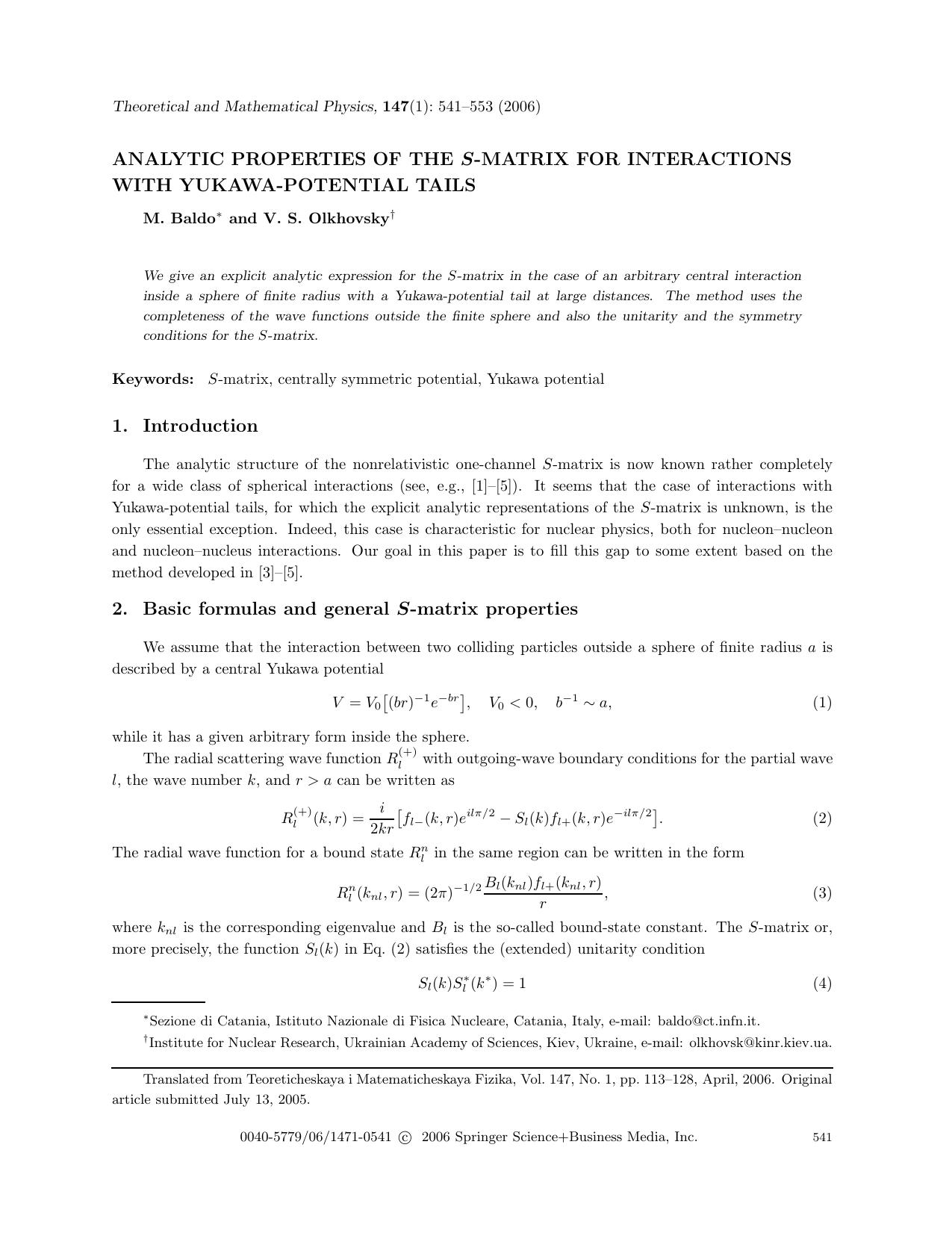 Analytic properties of the <Emphasis Type="Italic">S<Emphasis>-matrix for interactions with Yukawa-potential tails by Unknown