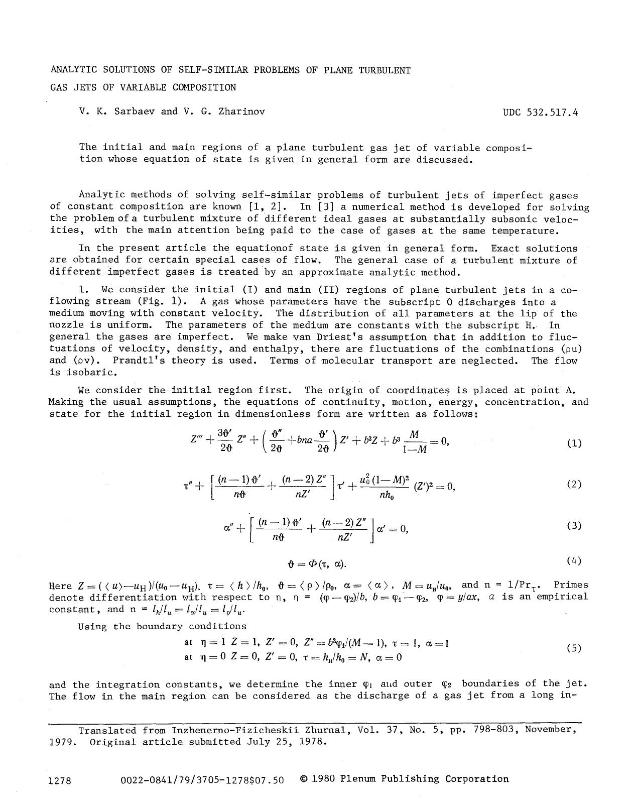 Analytic solutions of self-similar problems of plane turbulent gas jets of variable composition by Unknown
