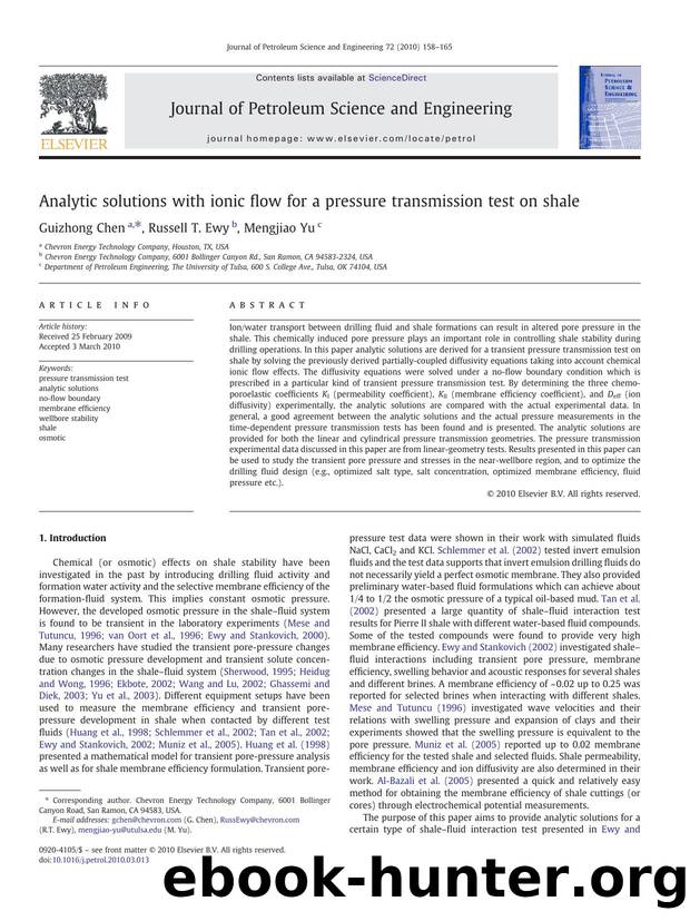 Analytic solutions with ionic flow for a pressure transmission test on shale by Guizhong Chen; Russell T. Ewy; Mengjiao Yu